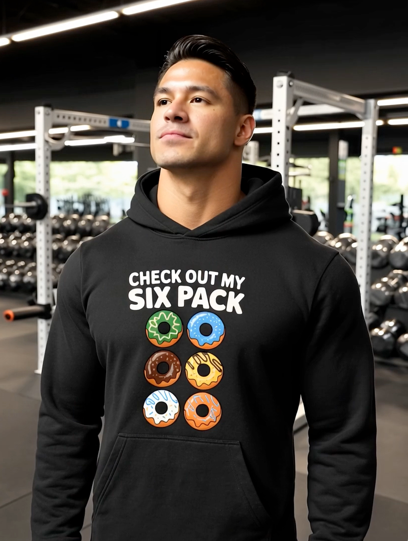 Man wearing black gym hoodie with donut six pack graphic design in fitness gym setting
