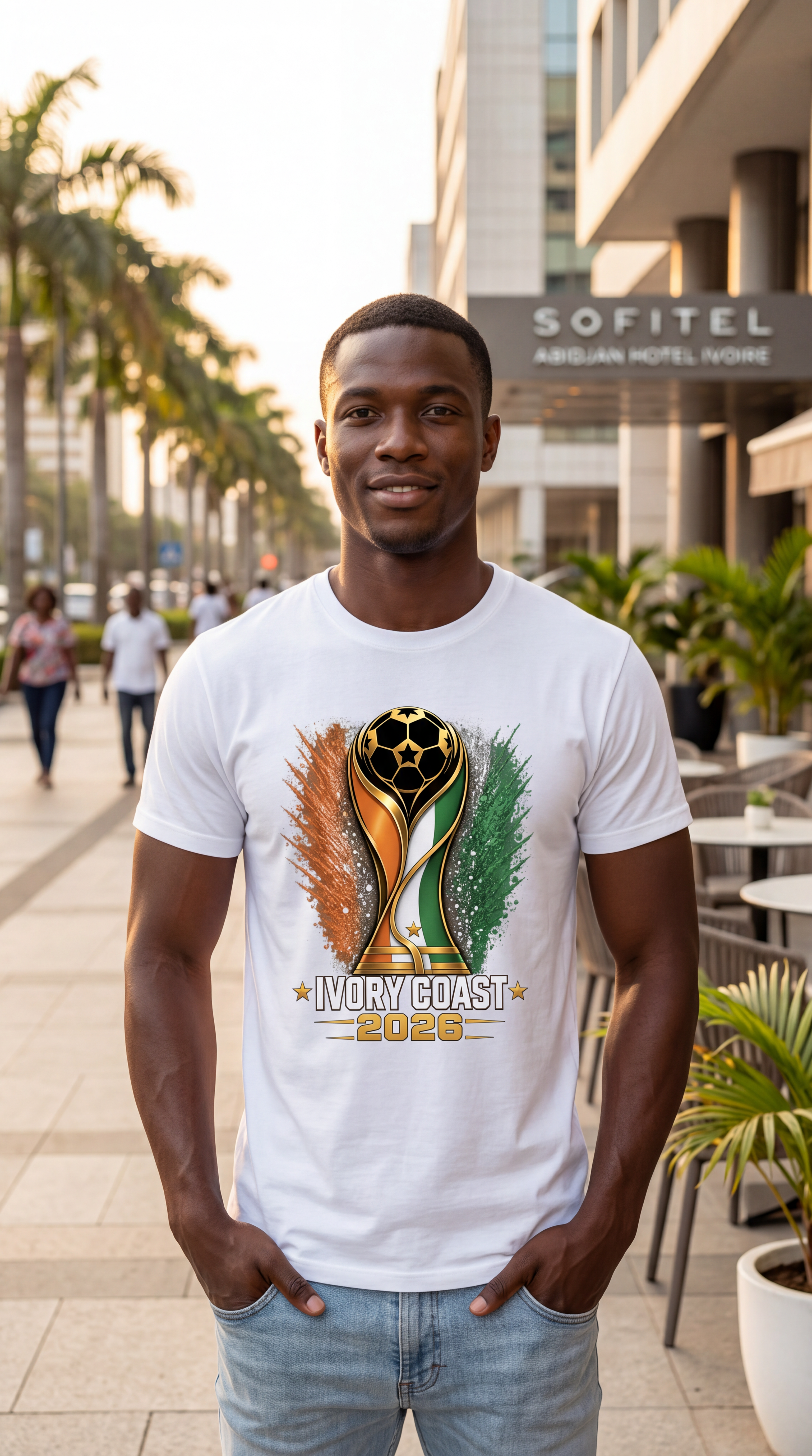 Man wearing a white t-shirt with a Paraguay 2023 design on a city street.