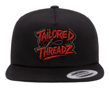 Front view of black 5-panel snapback hat with Tailored Threadz red logo on flat brim