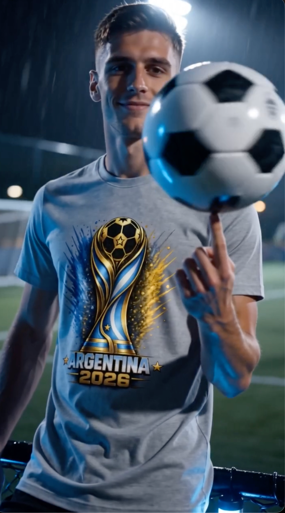 Soccer player spinning football while wearing gray Argentina 2026 football streetwear graphic tee on soccer field