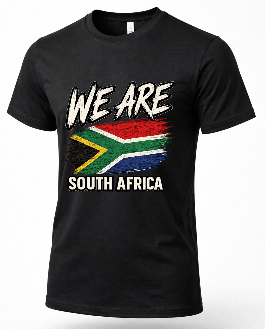 A black short-sleeve crewneck t-shirt featuring a distressed graphic print of the South African flag and the text 'WE ARE SOUTH AFRICA' in white, displayed on a clean white background.