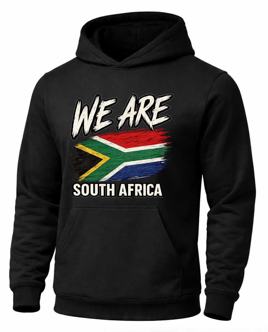 A black pullover hoodie featuring a distressed graphic print on the front with the text 'WE ARE SOUTH AFRICA' and the South African flag.