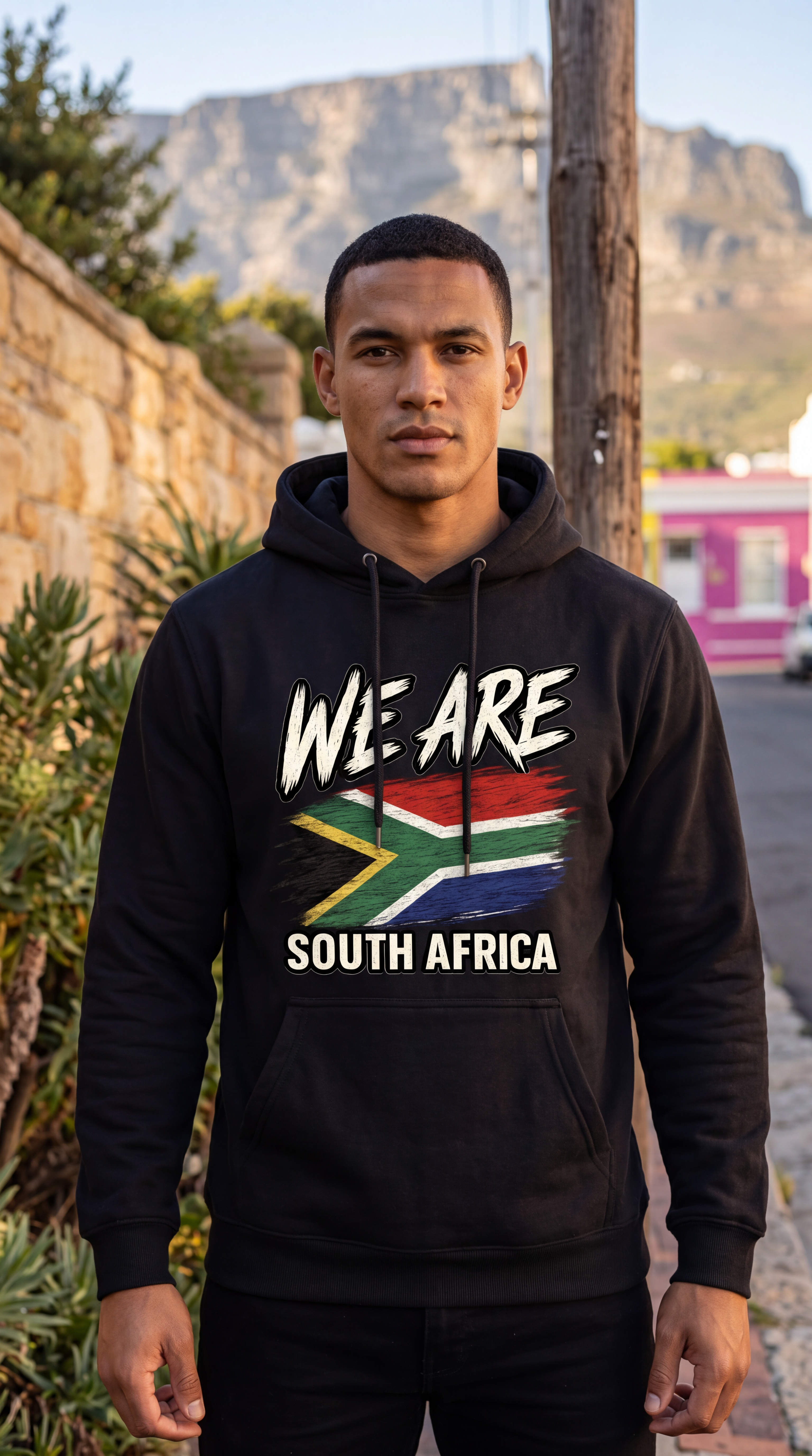 A man wearing a black hoodie with a 'WE ARE SOUTH AFRICA' graphic featuring the South African flag, standing outdoors with a stone wall and mountain in the background.