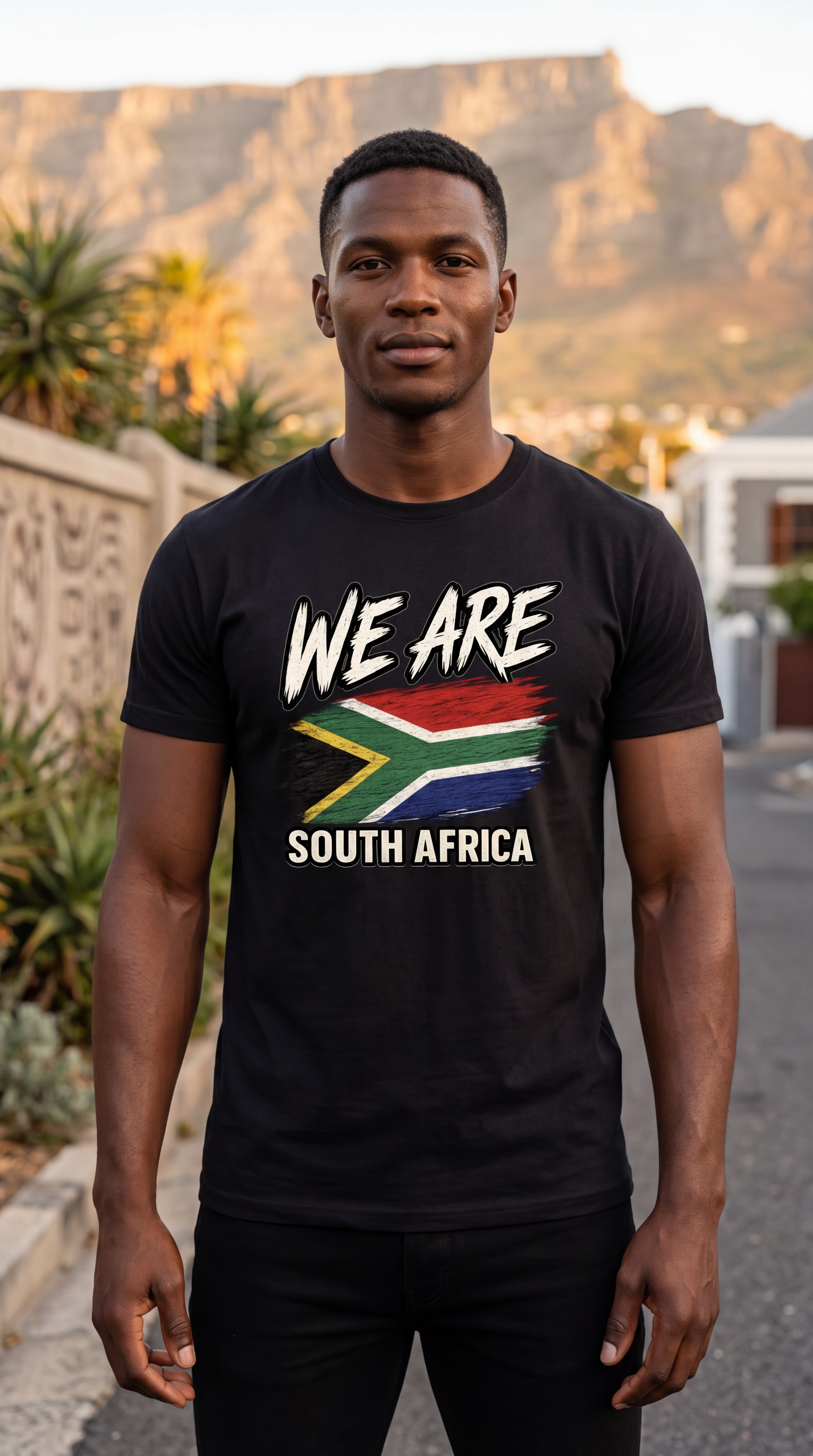 A man wearing a black t-shirt with a graphic that reads 'WE ARE SOUTH AFRICA' and features the South African flag, standing outdoors in front of a mountain backdrop.