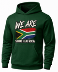 A dark green pullover hoodie featuring a distressed graphic of the South African flag with the text 'WE ARE SOUTH AFRICA' printed on the front.