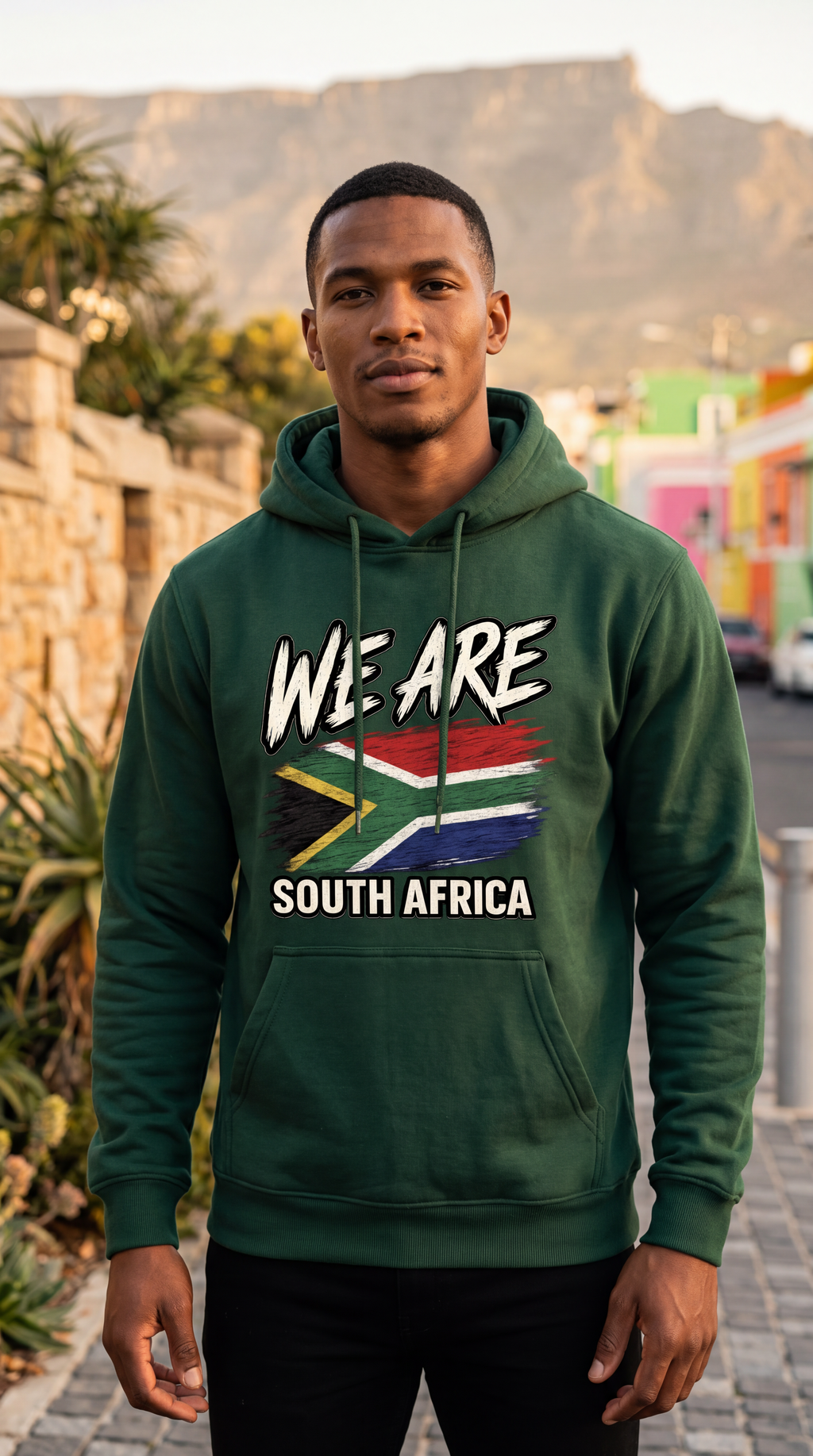 A man wearing a dark green hoodie with a 'WE ARE SOUTH AFRICA' graphic featuring the South African flag, standing outdoors in front of a scenic mountain backdrop.