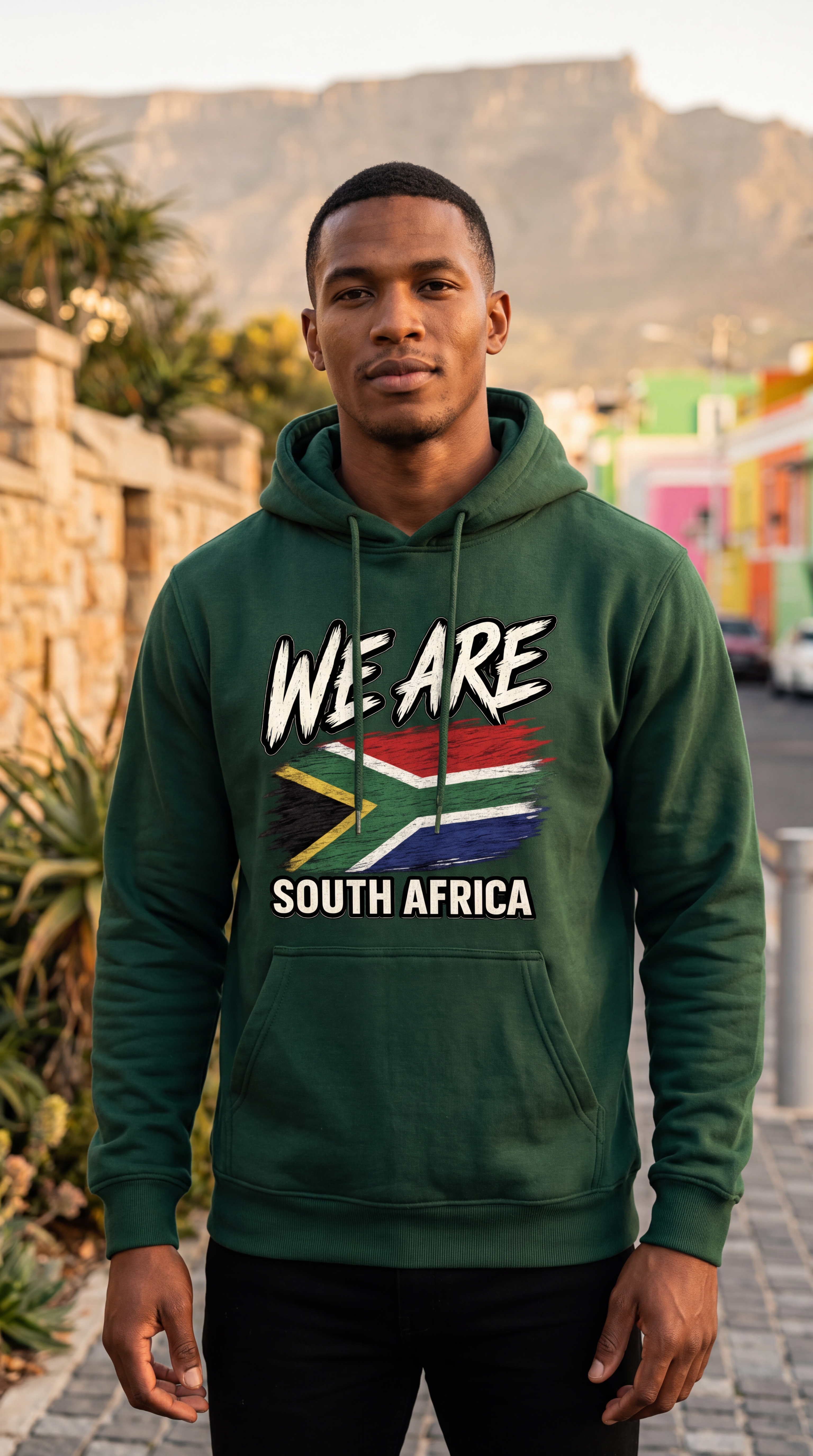 A man wearing a dark green hoodie with a 'WE ARE SOUTH AFRICA' graphic featuring the South African flag, standing outdoors in front of a scenic mountain backdrop.