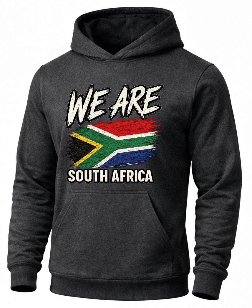 A dark gray heather pullover hoodie featuring a distressed graphic print on the front with the text 'WE ARE SOUTH AFRICA' and the South African flag.