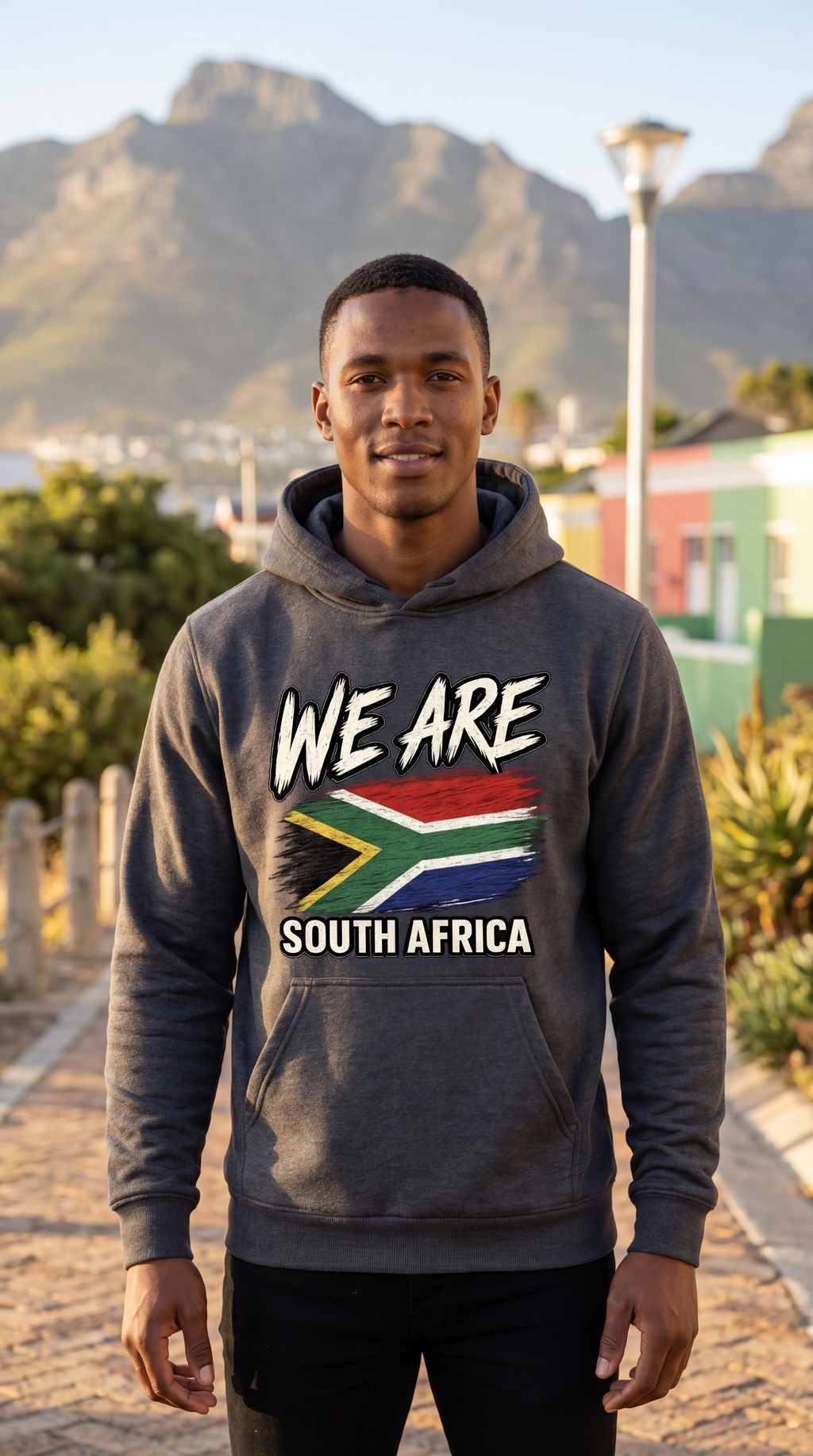 A man wearing a dark gray hoodie with a 'WE ARE SOUTH AFRICA' graphic featuring the South African flag, standing outdoors in front of mountains and buildings.