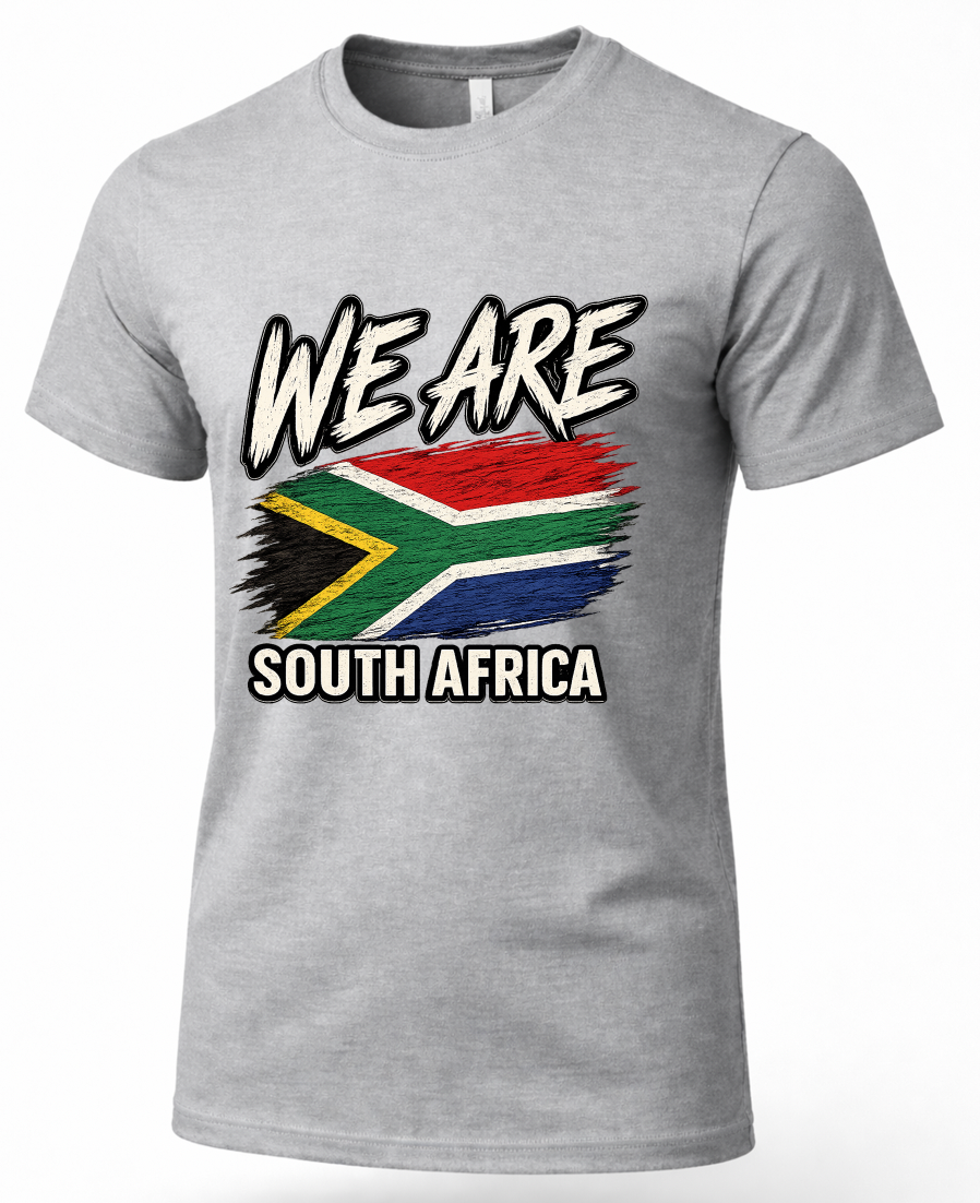 A heather gray short-sleeve t-shirt with a graphic print featuring the South African flag and the text 'WE ARE SOUTH AFRICA' in white with a black outline.