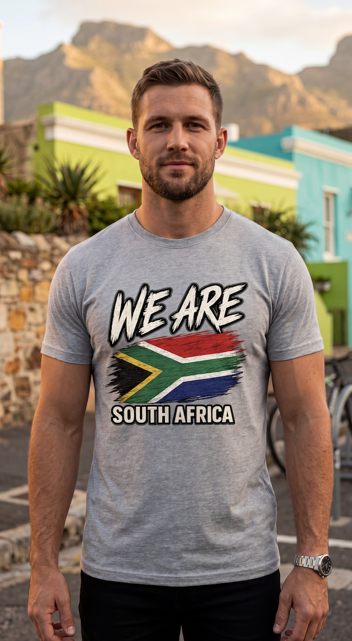 A man wearing a heather gray t-shirt with a 'WE ARE SOUTH AFRICA' graphic featuring the South African flag, standing outdoors in front of colorful buildings and mountains.