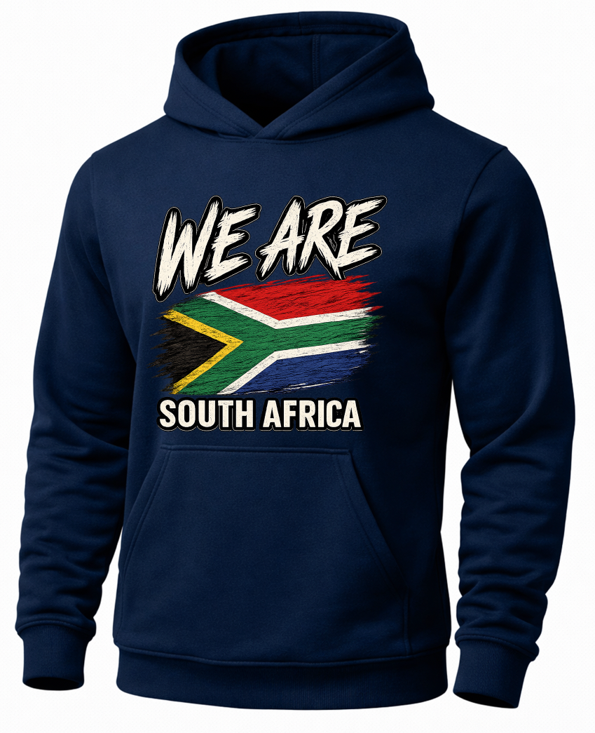 A navy blue pullover hoodie featuring a distressed graphic print on the front with the text 'WE ARE SOUTH AFRICA' and a stylized South African flag.