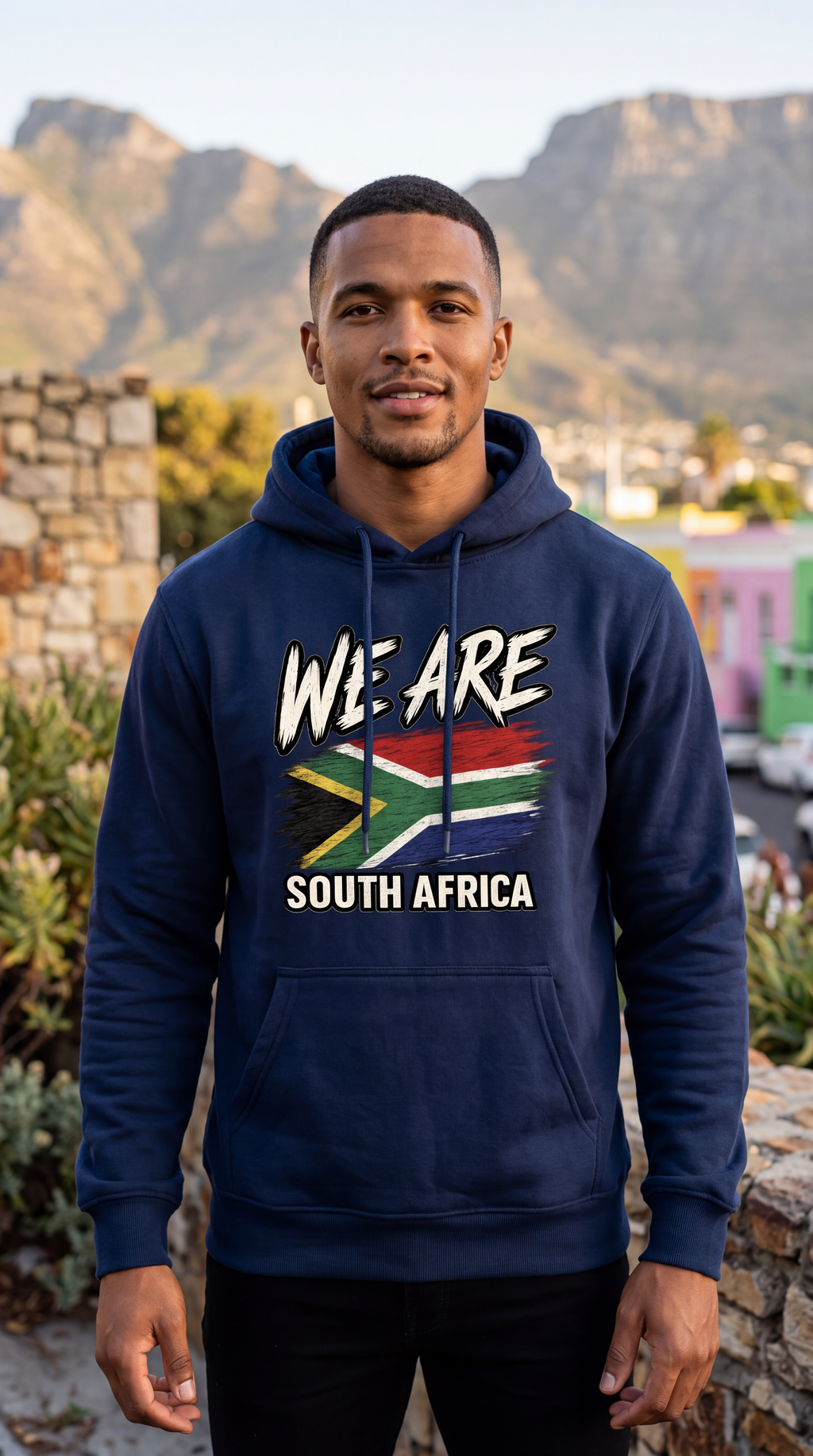 A man wearing a navy blue hoodie with a graphic print that reads 'WE ARE SOUTH AFRICA' and features the South African flag. He is standing outdoors in front of a scenic mountain background.