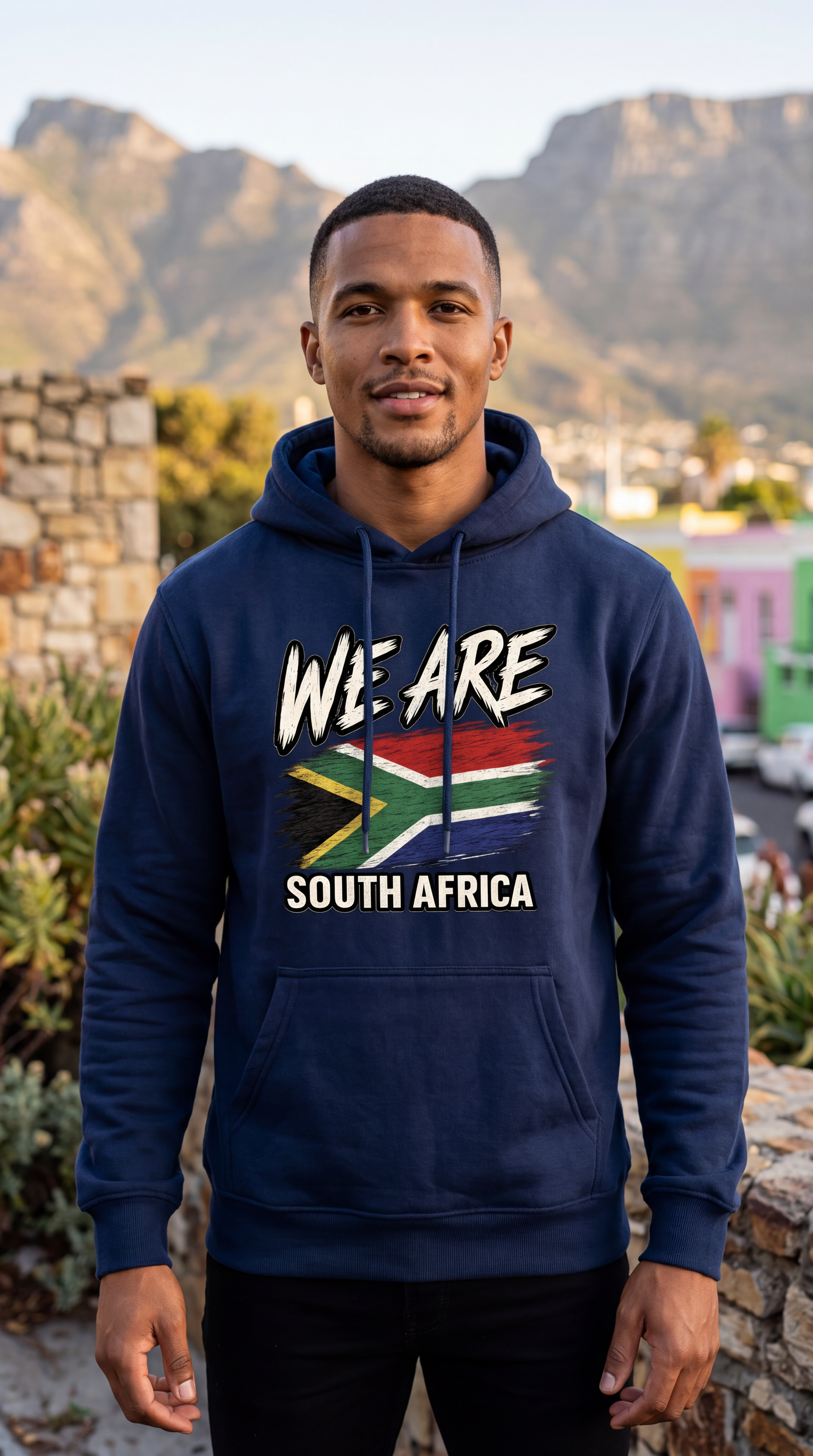 A man wearing a navy blue hoodie with a graphic print that reads 'WE ARE SOUTH AFRICA' and features the South African flag. He is standing outdoors in front of a scenic mountain background.