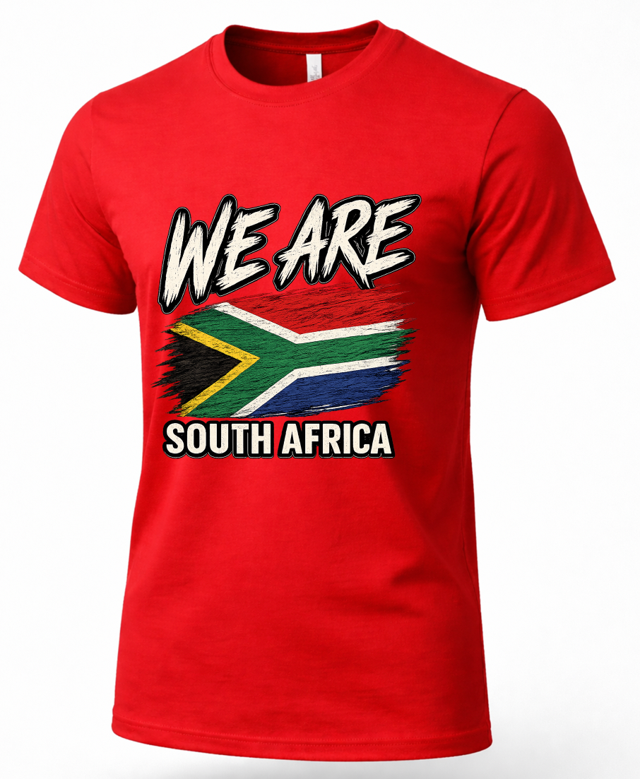 A red short-sleeve crewneck t-shirt featuring a graphic print with the text 'WE ARE SOUTH AFRICA' and a stylized South African flag, shown on a plain white background.