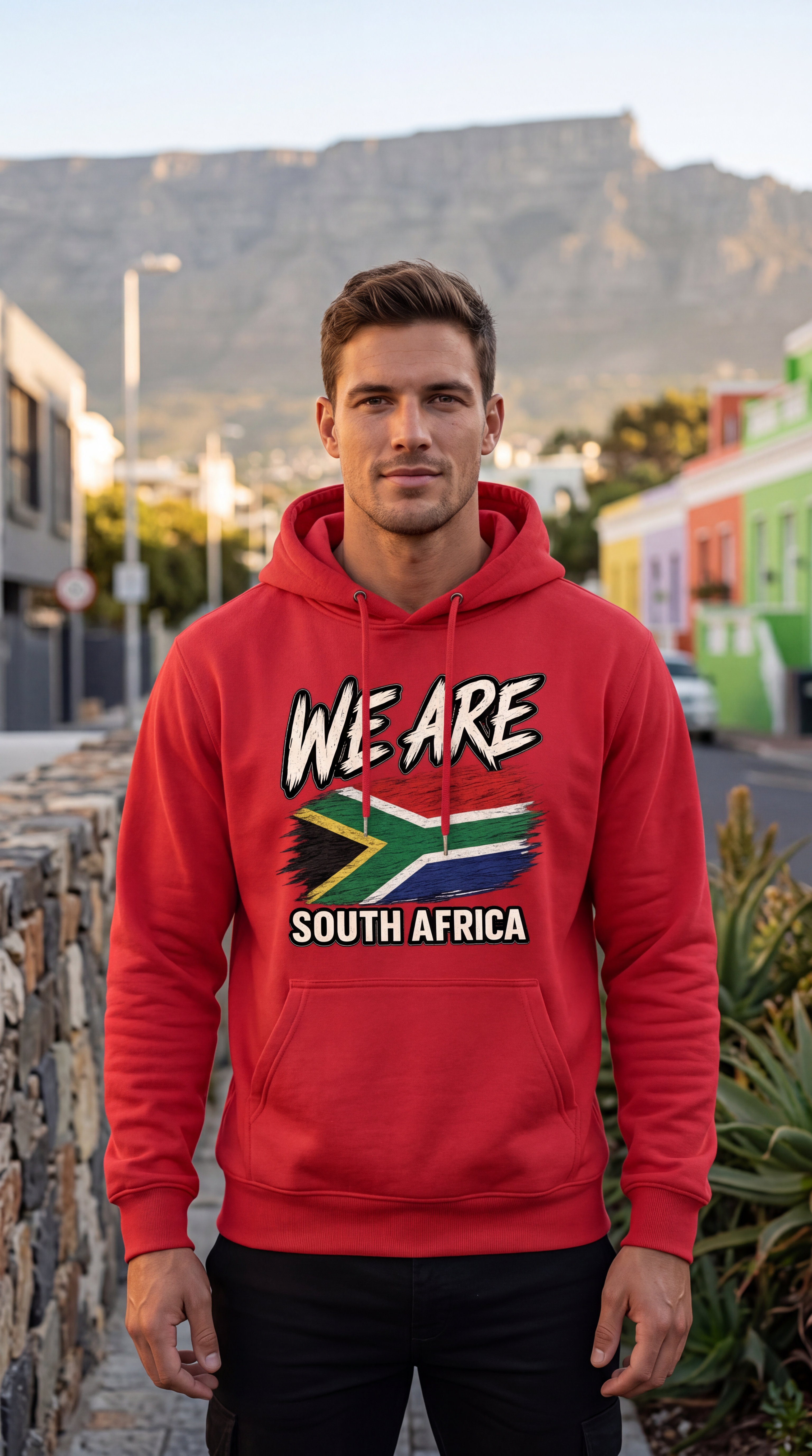A man wearing a red hoodie with a South Africa graphic print stands outdoors in front of a mountain and colorful buildings. The hoodie features the text 'WE ARE SOUTH AFRICA' above a South African flag design.