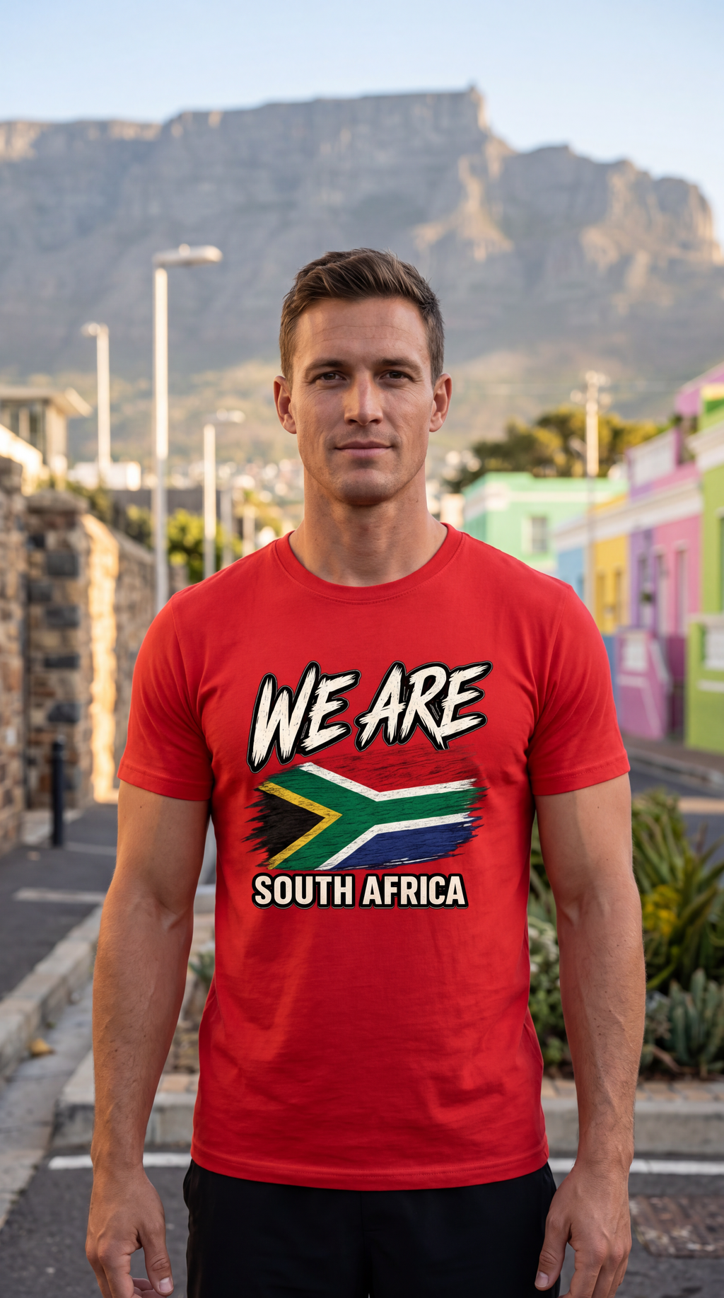 A man wearing a red graphic t-shirt with 'WE ARE SOUTH AFRICA' and the South African flag printed on the front, standing outdoors in front of colorful buildings and a mountain.
