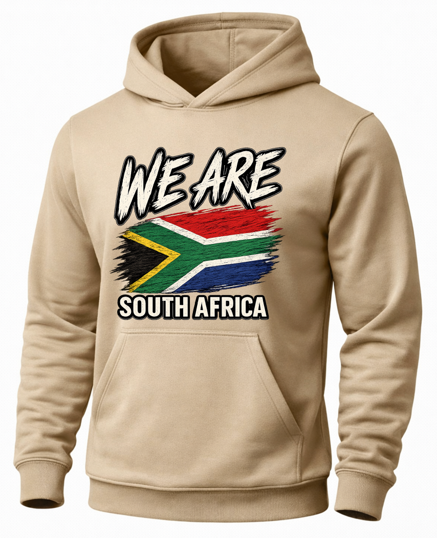 A beige pullover hoodie with a graphic on the chest that reads 'WE ARE SOUTH AFRICA' above and below a stylized South African flag, shown on a plain white background.