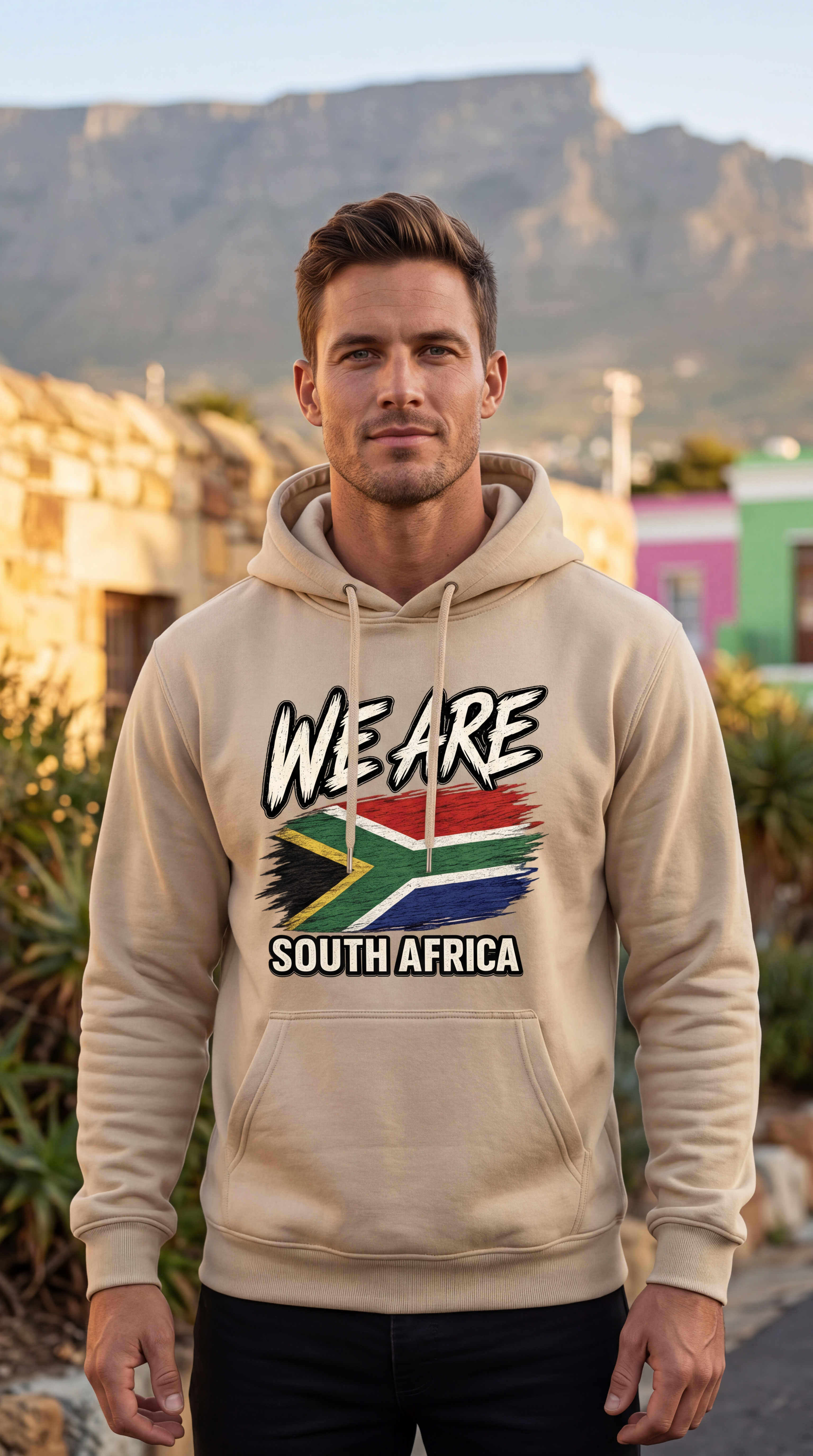 A man wearing a beige hoodie with a 'WE ARE SOUTH AFRICA' graphic featuring the South African flag, standing outdoors with a mountain and buildings in the background.