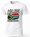 A white short-sleeve crewneck t-shirt featuring a distressed graphic print of the South African flag with the text 'WE ARE SOUTH AFRICA' in black and white lettering.