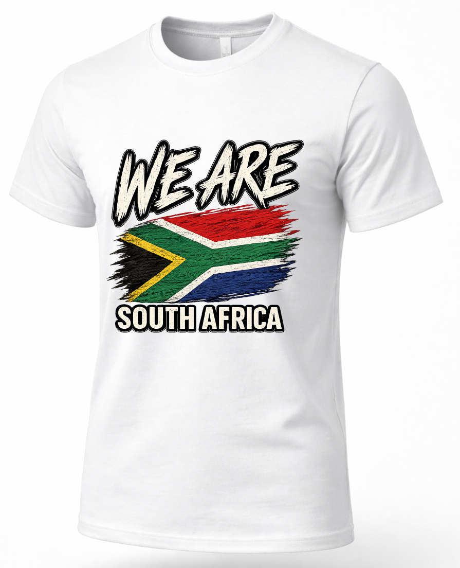 A white short-sleeve crewneck t-shirt featuring a distressed graphic print of the South African flag with the text 'WE ARE SOUTH AFRICA' in black and white lettering.