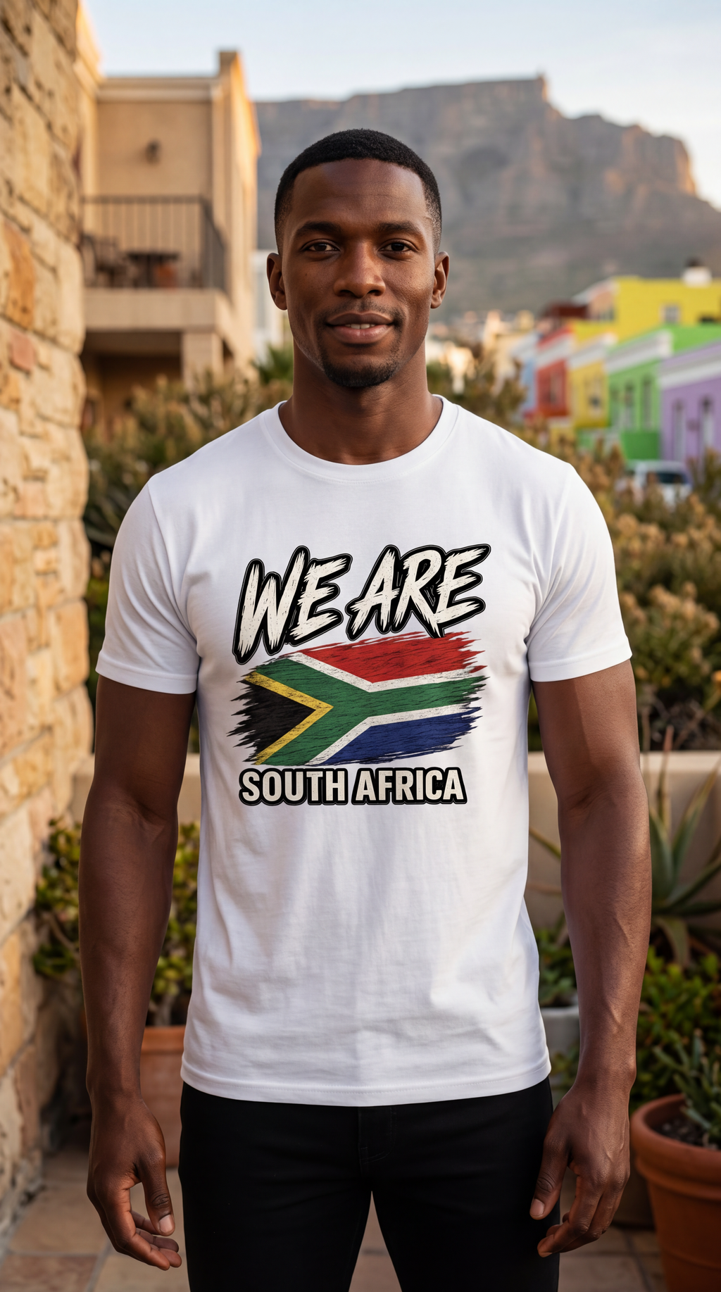 A man wearing a white graphic t-shirt with 'WE ARE SOUTH AFRICA' and the South African flag printed on the front, standing outdoors in front of a stone wall and colorful buildings.