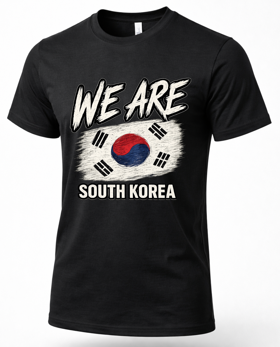 A black short-sleeve crewneck t-shirt featuring a graphic print of the South Korean flag with the text 'WE ARE SOUTH KOREA' in white.