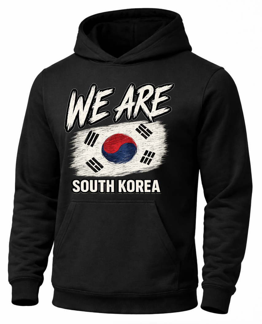 A black pullover hoodie with a front graphic that reads 'WE ARE SOUTH KOREA' above and below a distressed South Korean flag design, shown on a plain white background.