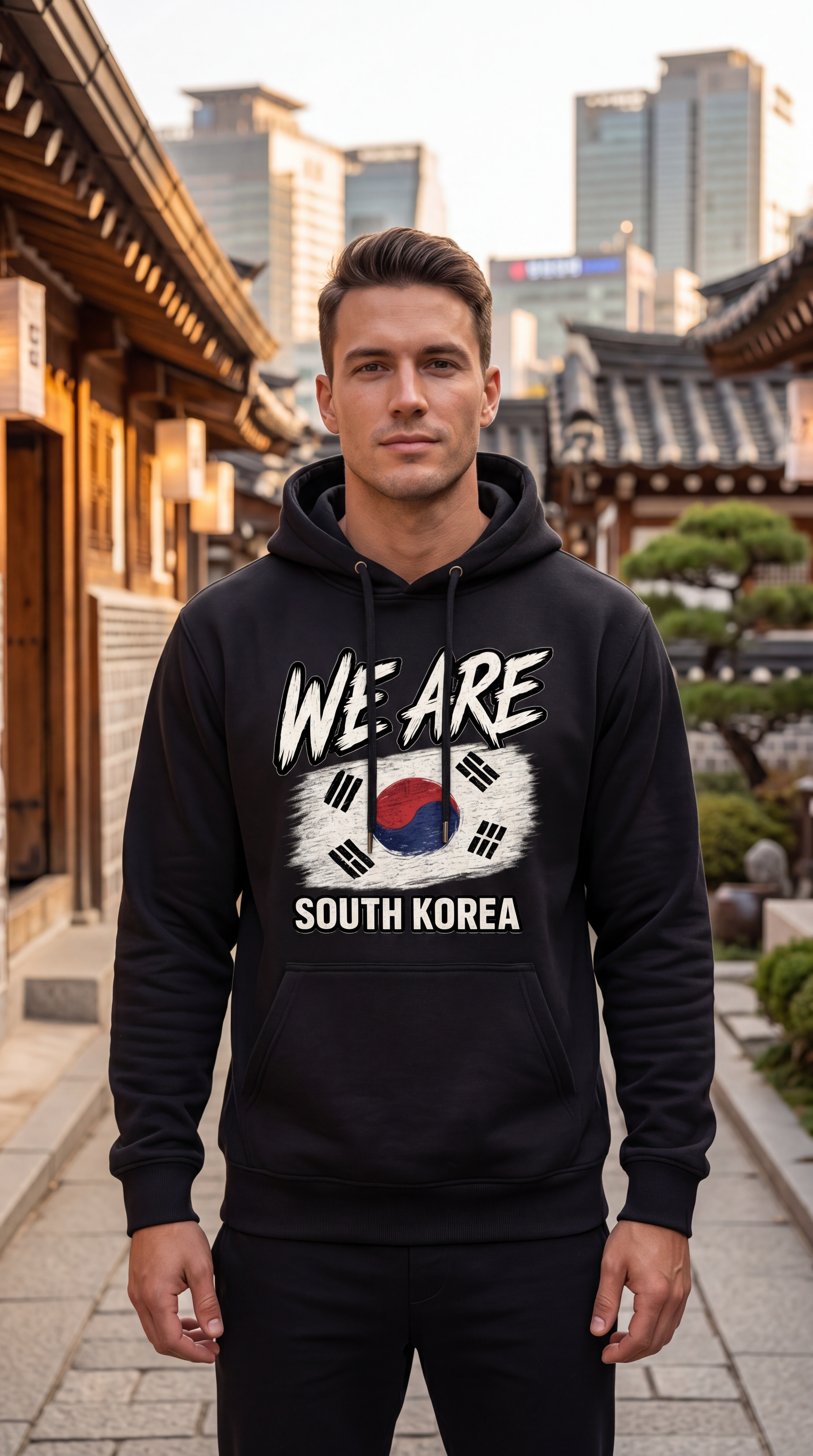 A man wearing a black pullover hoodie with a South Korea graphic print stands on a stone pathway between traditional buildings and modern city skyscrapers. The hoodie features the text 'WE ARE SOUTH KOREA' above and below a stylized South Korean flag design.