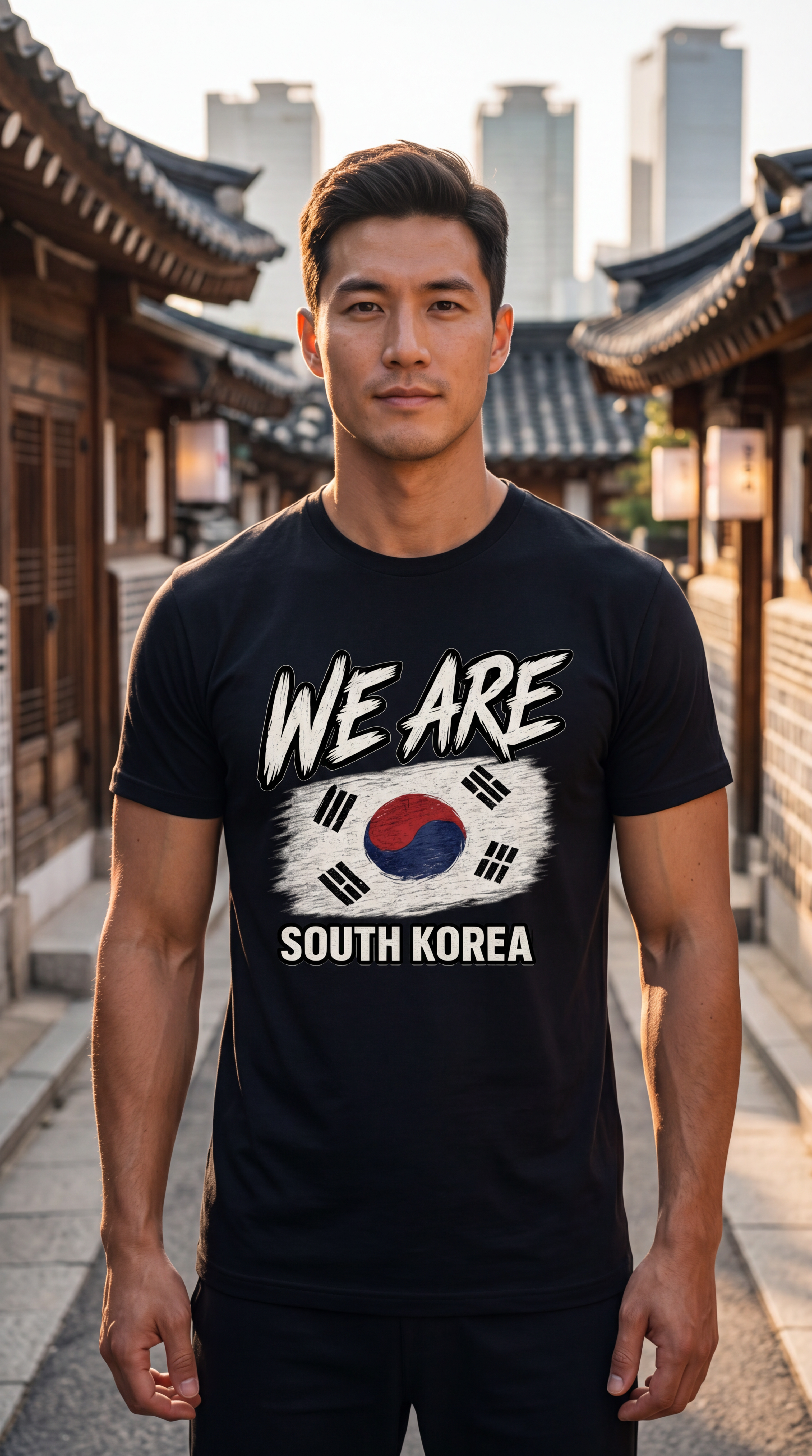 A man wearing a black graphic t-shirt with 'WE ARE SOUTH KOREA' and a South Korean flag design, standing in a traditional street with modern buildings in the background.