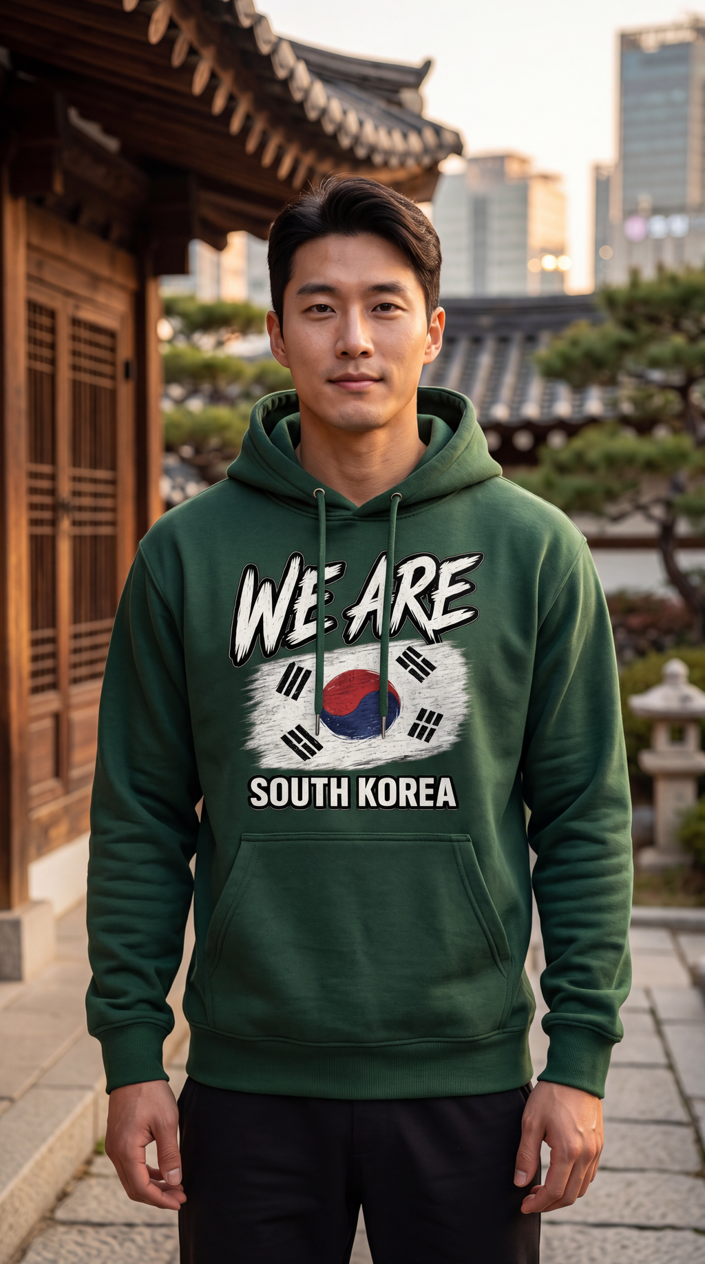 A man wearing a dark green hoodie with a 'WE ARE SOUTH KOREA' graphic featuring the South Korean flag, standing outdoors in front of a traditional wooden building and city skyline.