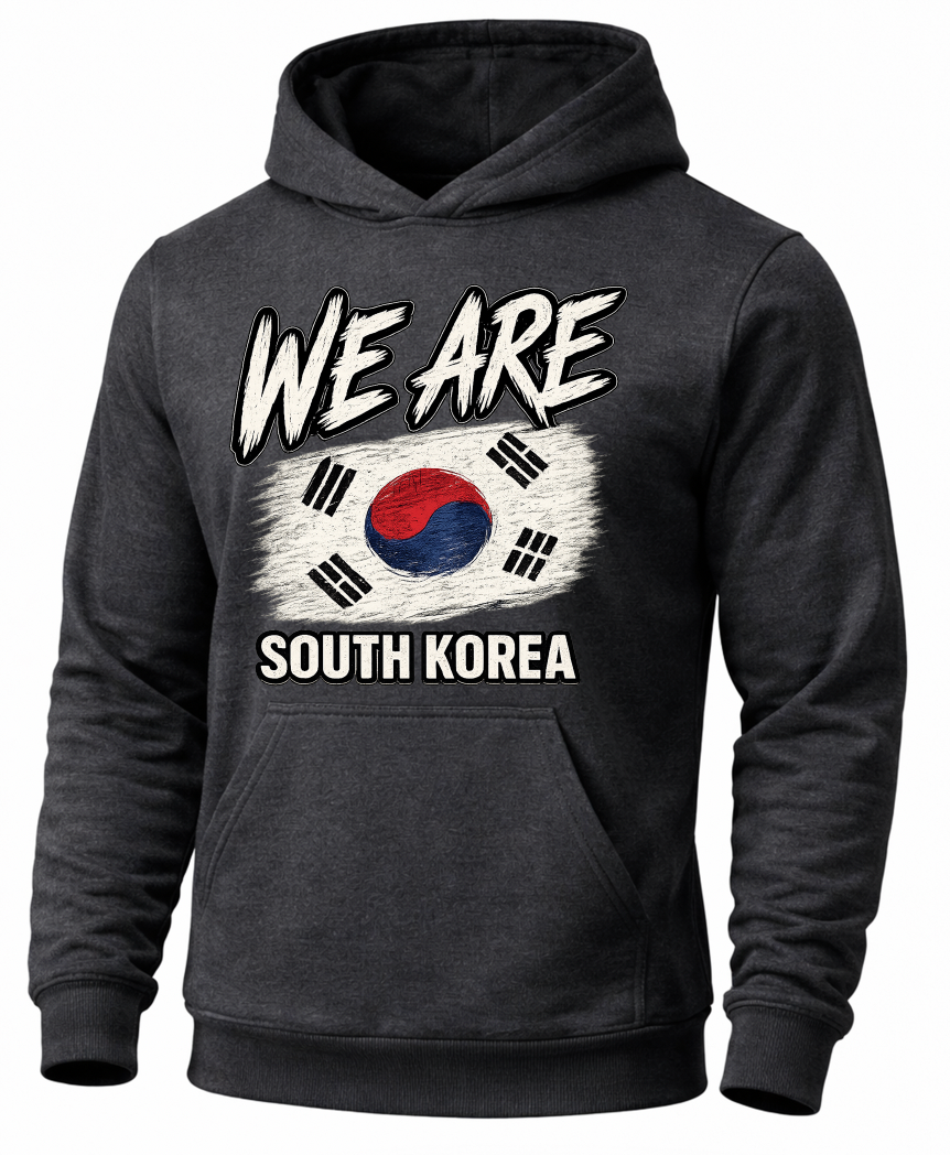 A dark charcoal gray hoodie featuring a distressed graphic print of the South Korean flag with the text 'WE ARE SOUTH KOREA' in white.