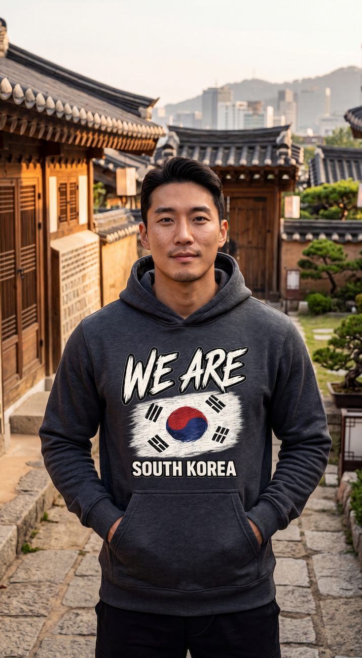 A man wearing a dark gray hoodie with a 'WE ARE SOUTH KOREA' graphic featuring the South Korean flag, standing in front of traditional Korean buildings.