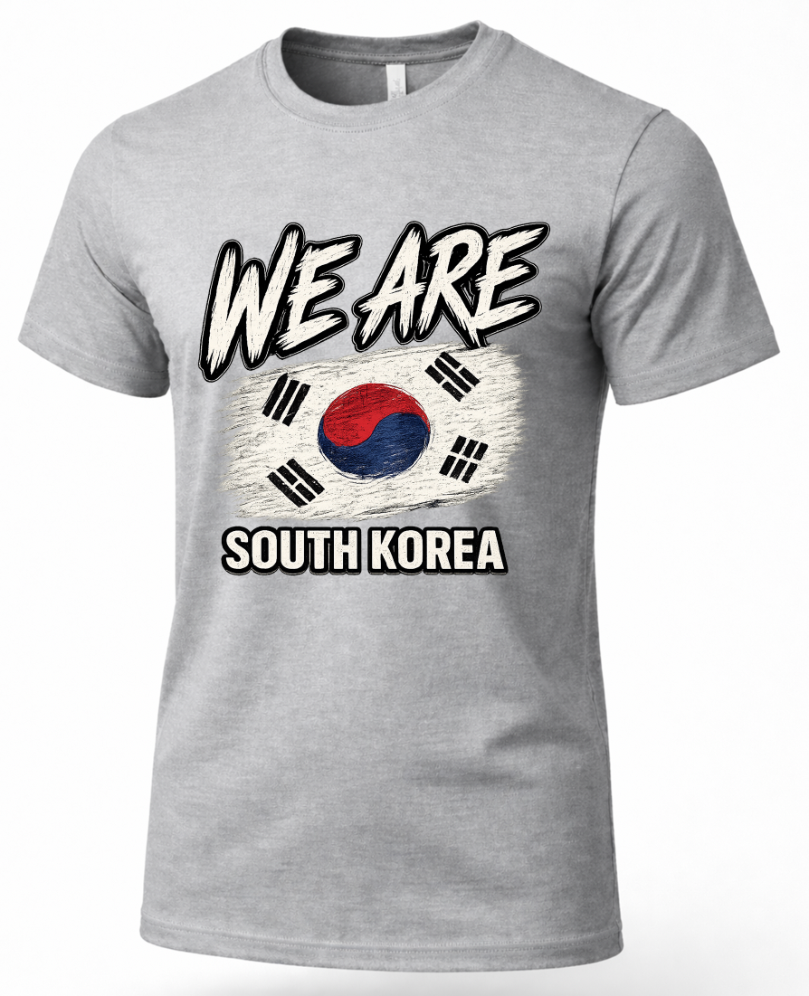 A heather gray short-sleeve t-shirt with a graphic print on the front. The design features the text 'WE ARE SOUTH KOREA' in bold white letters surrounding a stylized South Korean flag.