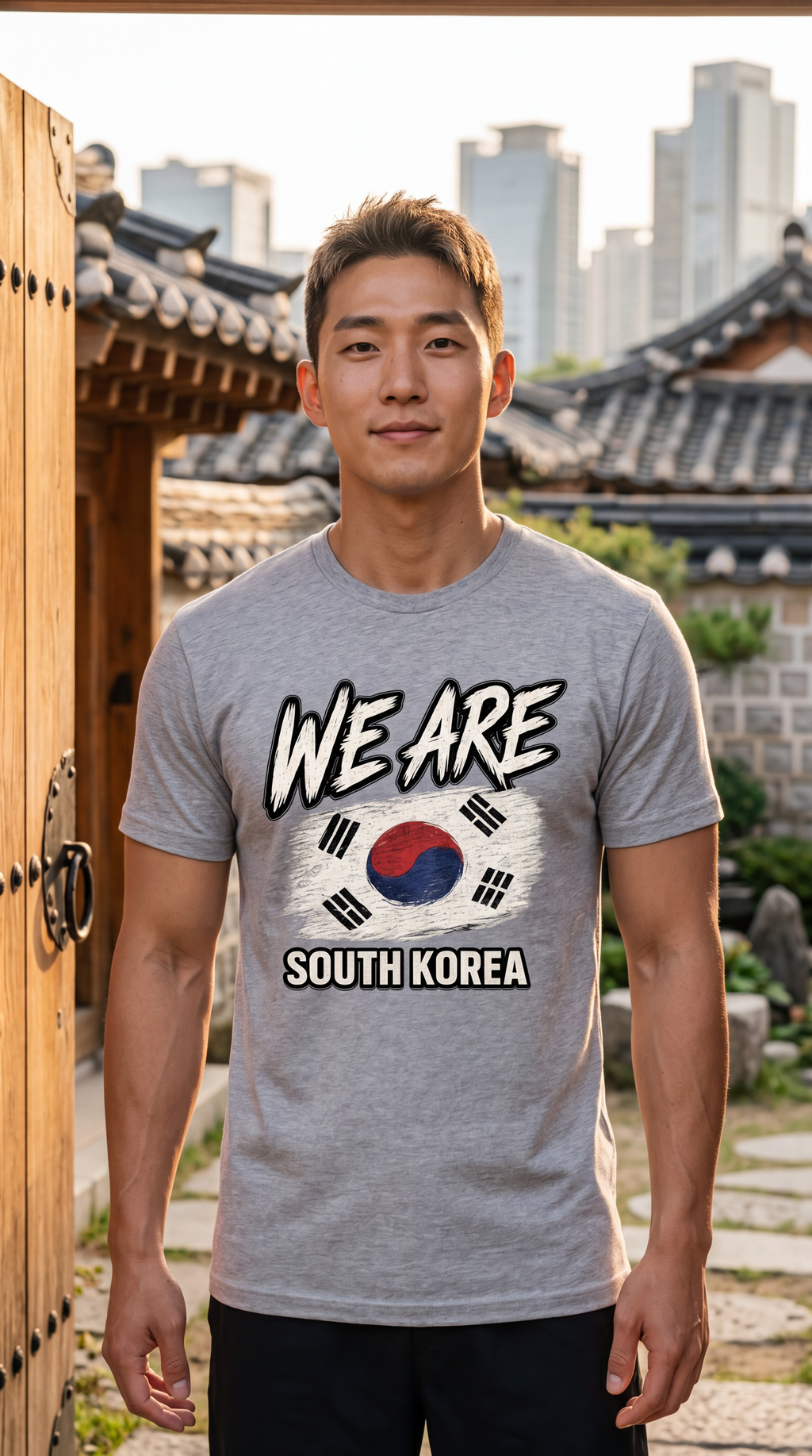 A man wearing a heather gray t-shirt with a graphic that reads 'WE ARE SOUTH KOREA' and features the South Korean flag, standing outdoors in front of traditional Korean buildings and a city skyline.