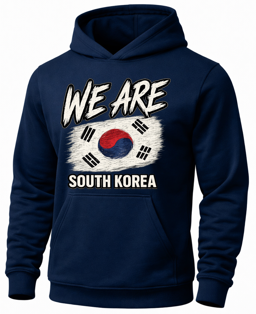 A navy blue pullover hoodie with a graphic print on the front. The design features the text 'WE ARE SOUTH KOREA' in white, surrounding a distressed South Korean flag graphic.