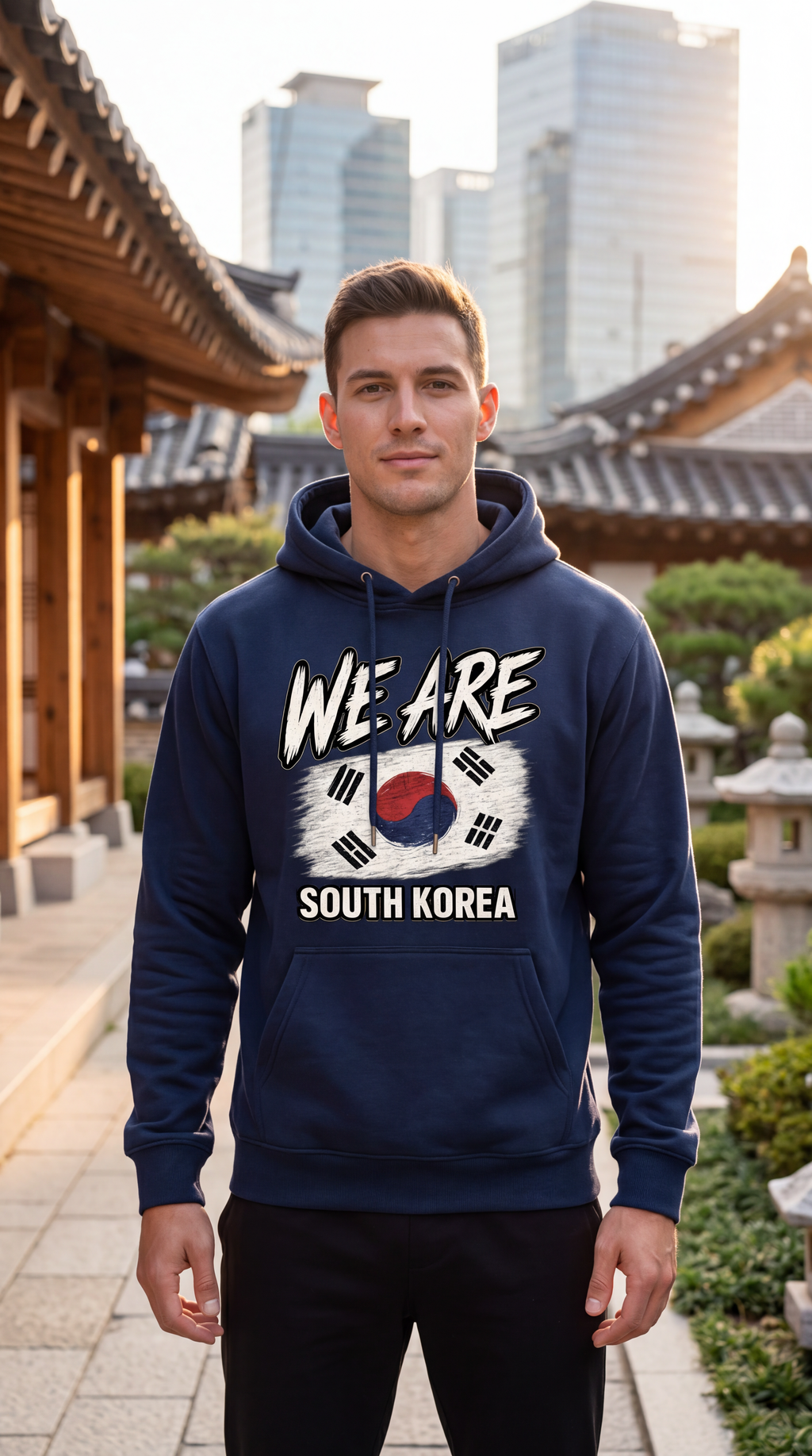 A man wearing a navy blue hoodie with a 'WE ARE SOUTH KOREA' graphic featuring the South Korean flag, standing outdoors in front of traditional East Asian buildings and modern skyscrapers.