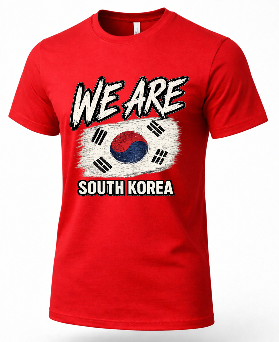 A red short-sleeve crewneck t-shirt featuring a graphic print of the South Korean flag with the text 'WE ARE SOUTH KOREA' in bold white letters with black outlines.