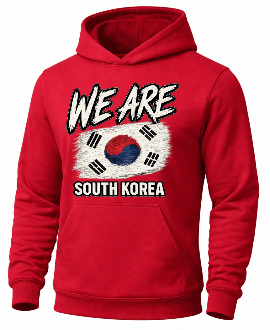 A red pullover hoodie featuring a graphic print of the South Korean flag with the text 'WE ARE SOUTH KOREA' in white, black, and blue.