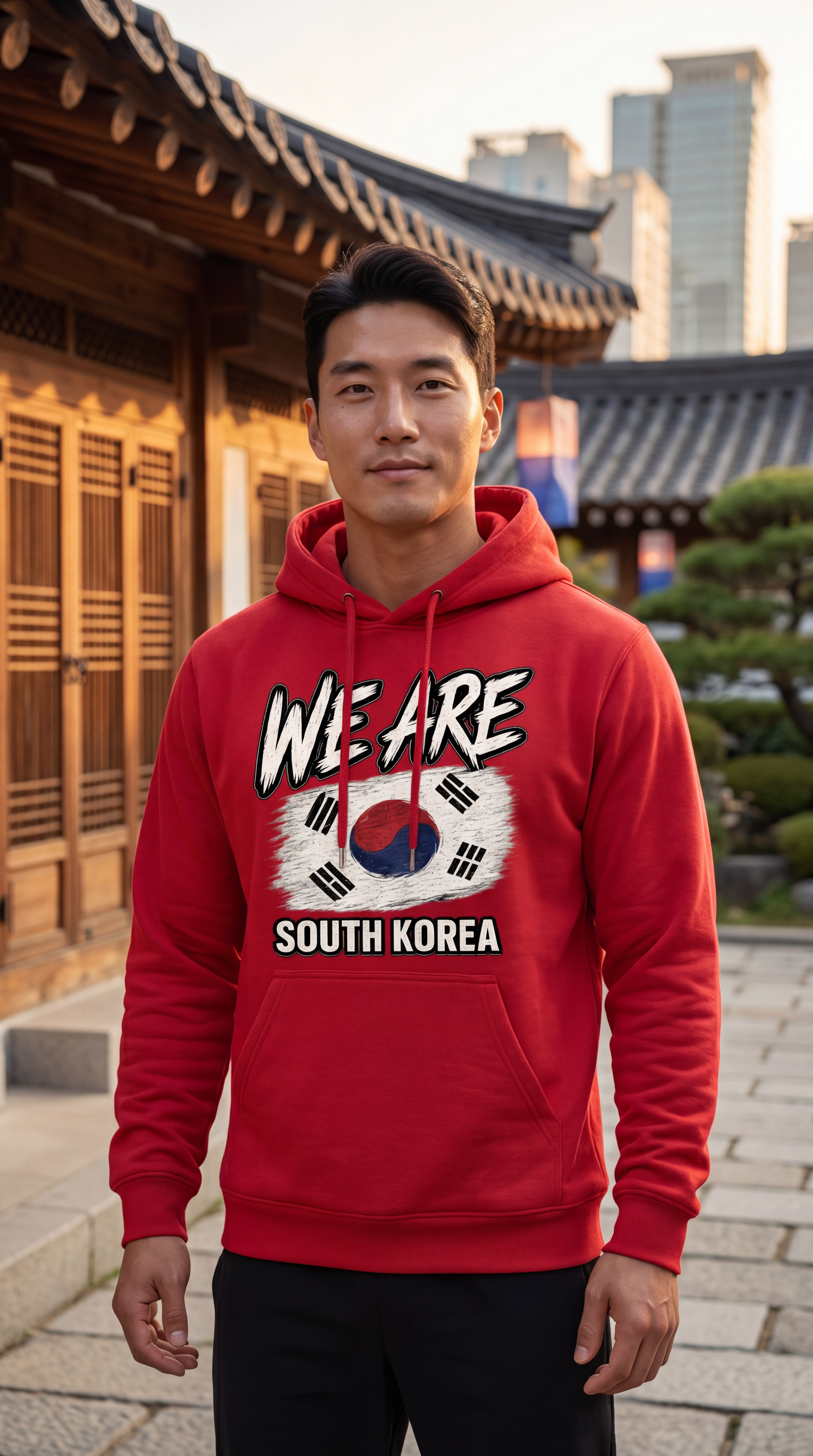 A man wearing a red hoodie with a South Korea graphic print stands outdoors in front of a traditional wooden building.