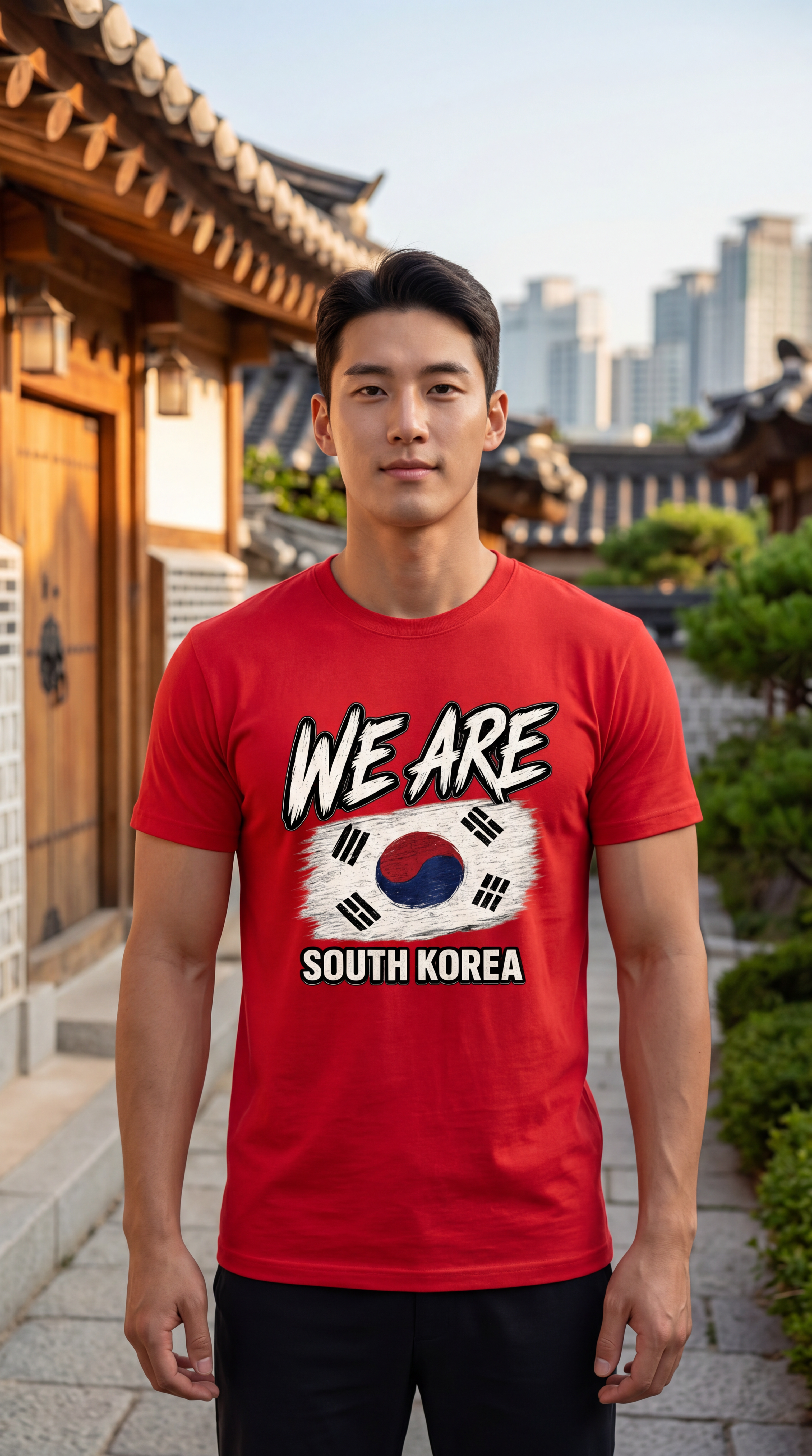 A man wearing a red t-shirt with a South Korea graphic print, standing in front of a traditional Korean building with a blurred city skyline in the background.