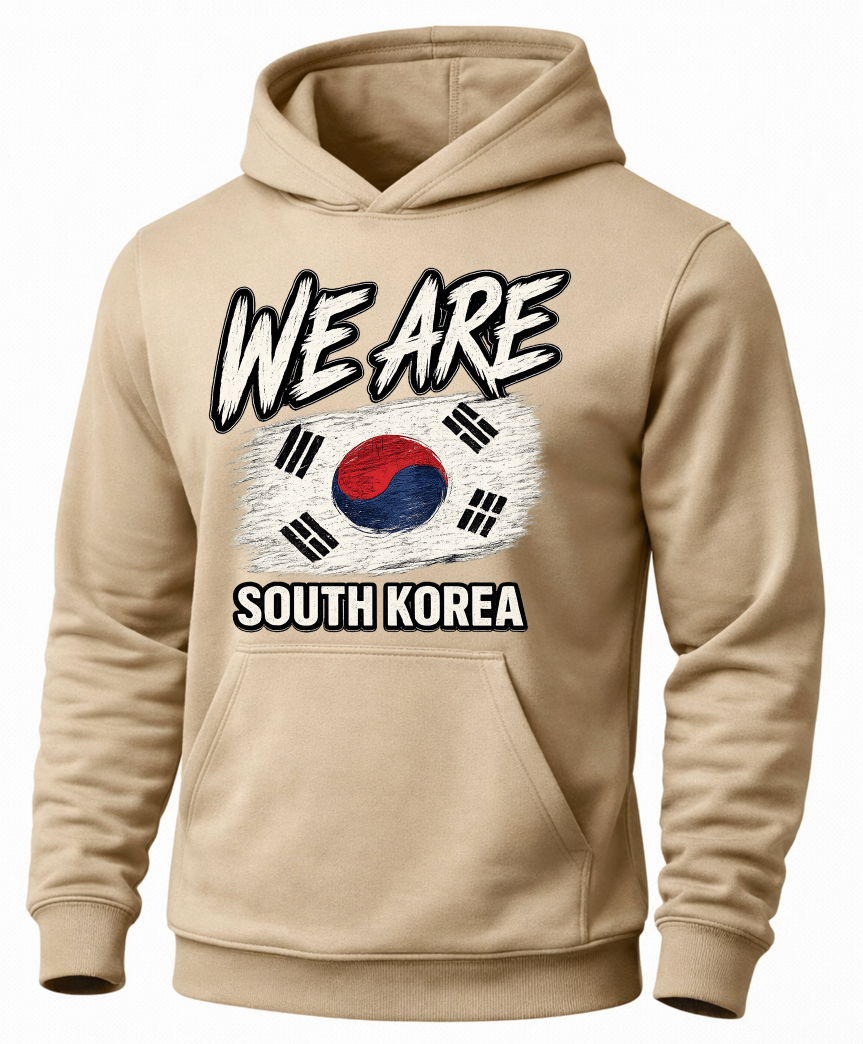 A beige pullover hoodie with a graphic print on the front featuring the text 'WE ARE SOUTH KOREA' and the South Korean flag design, shown against a plain white background.