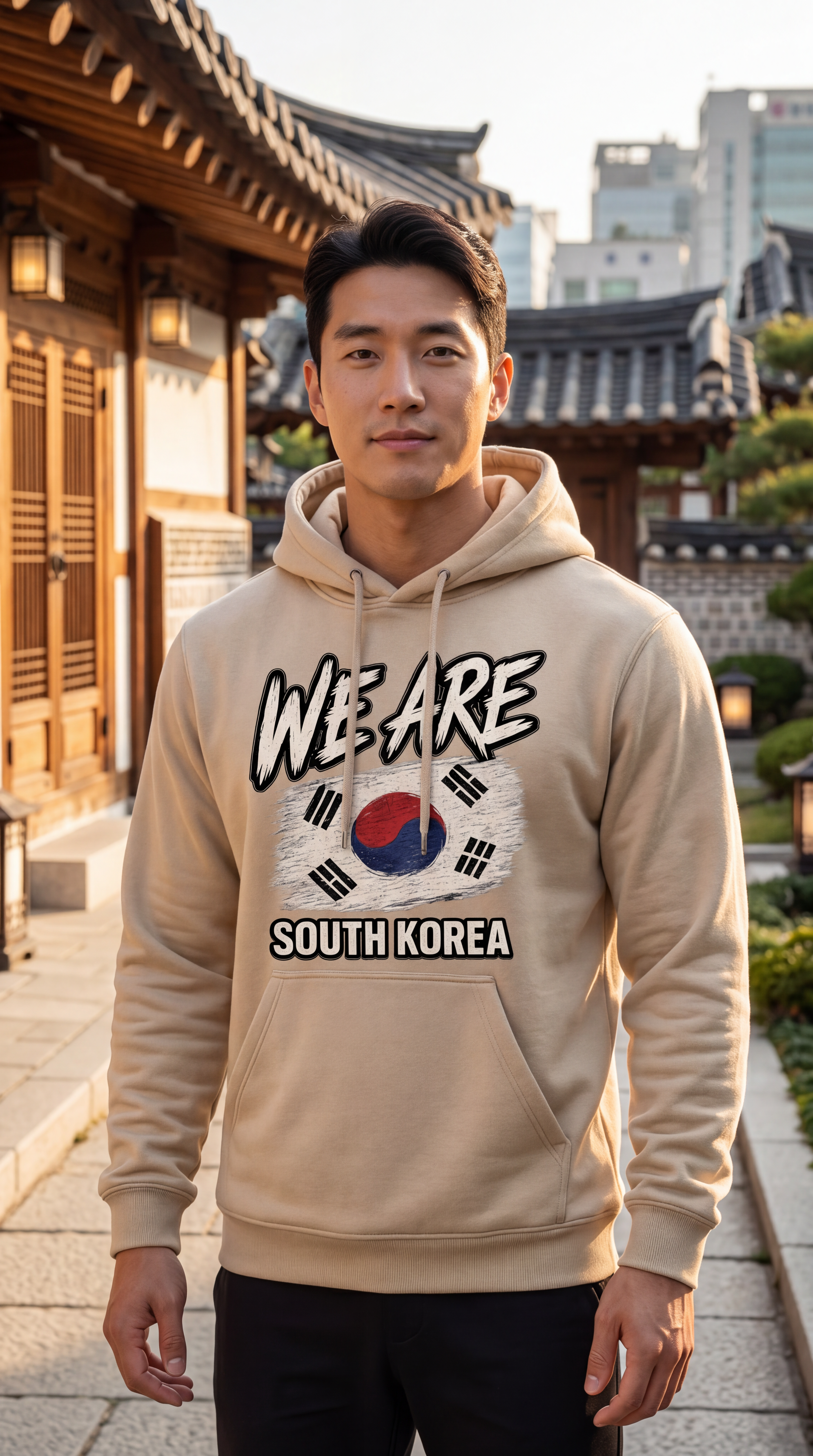 A man wearing a beige hoodie with a South Korea graphic print stands outdoors in front of traditional Korean buildings.