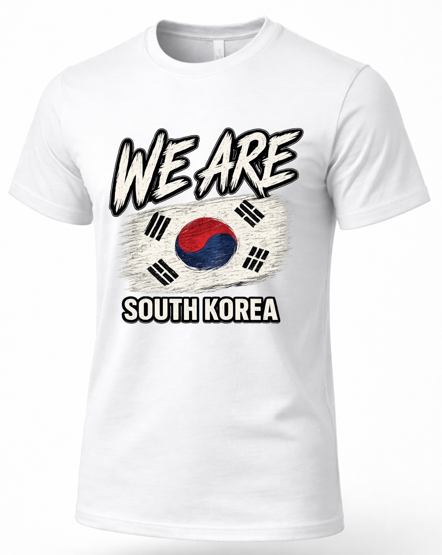 A white short-sleeve crewneck t-shirt featuring a graphic print of the South Korean flag with the text 'WE ARE SOUTH KOREA' in a bold, distressed font.