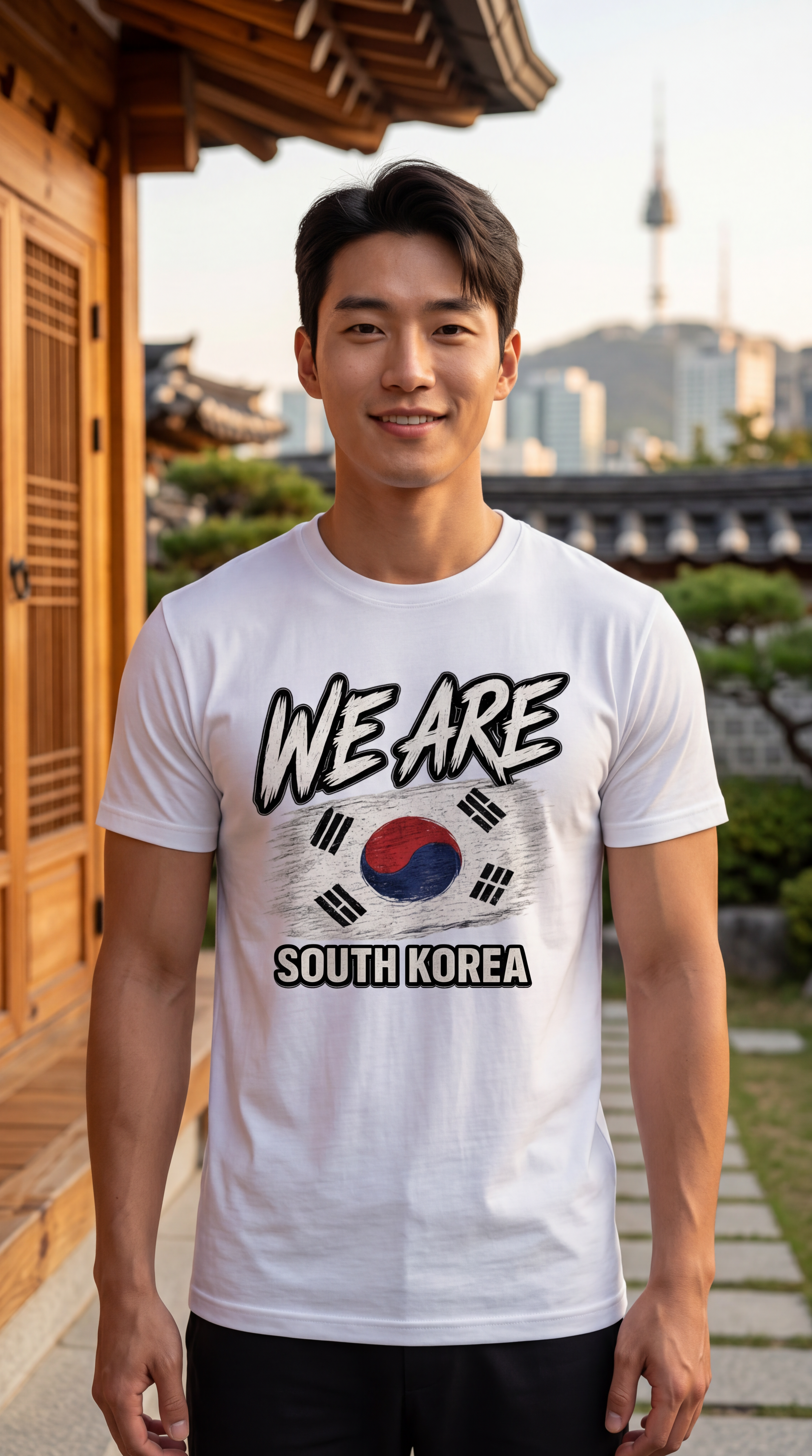 A man wearing a white graphic t-shirt with 'WE ARE SOUTH KOREA' and the South Korean flag design, standing outdoors in front of a traditional wooden building.