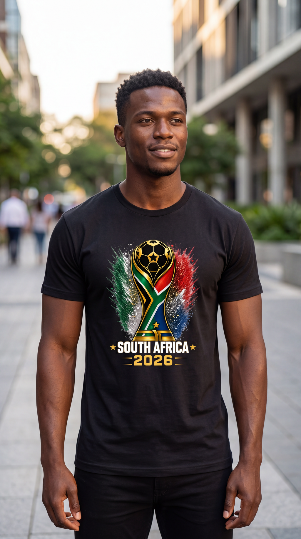 Man wearing a black t-shirt with South Africa 2026 logo on a city street.