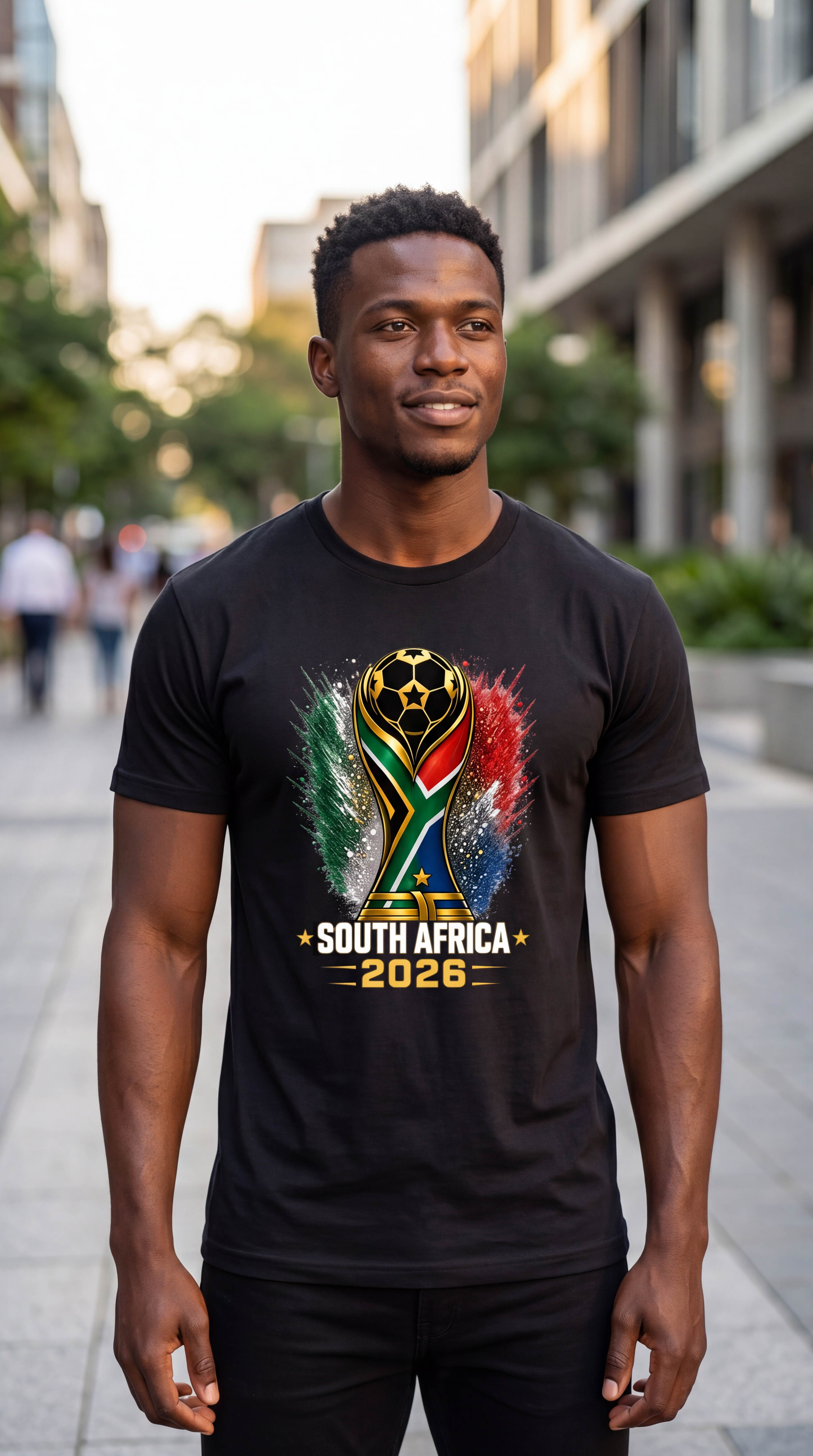 Man wearing a black t-shirt with South Africa 2026 logo on a city street.