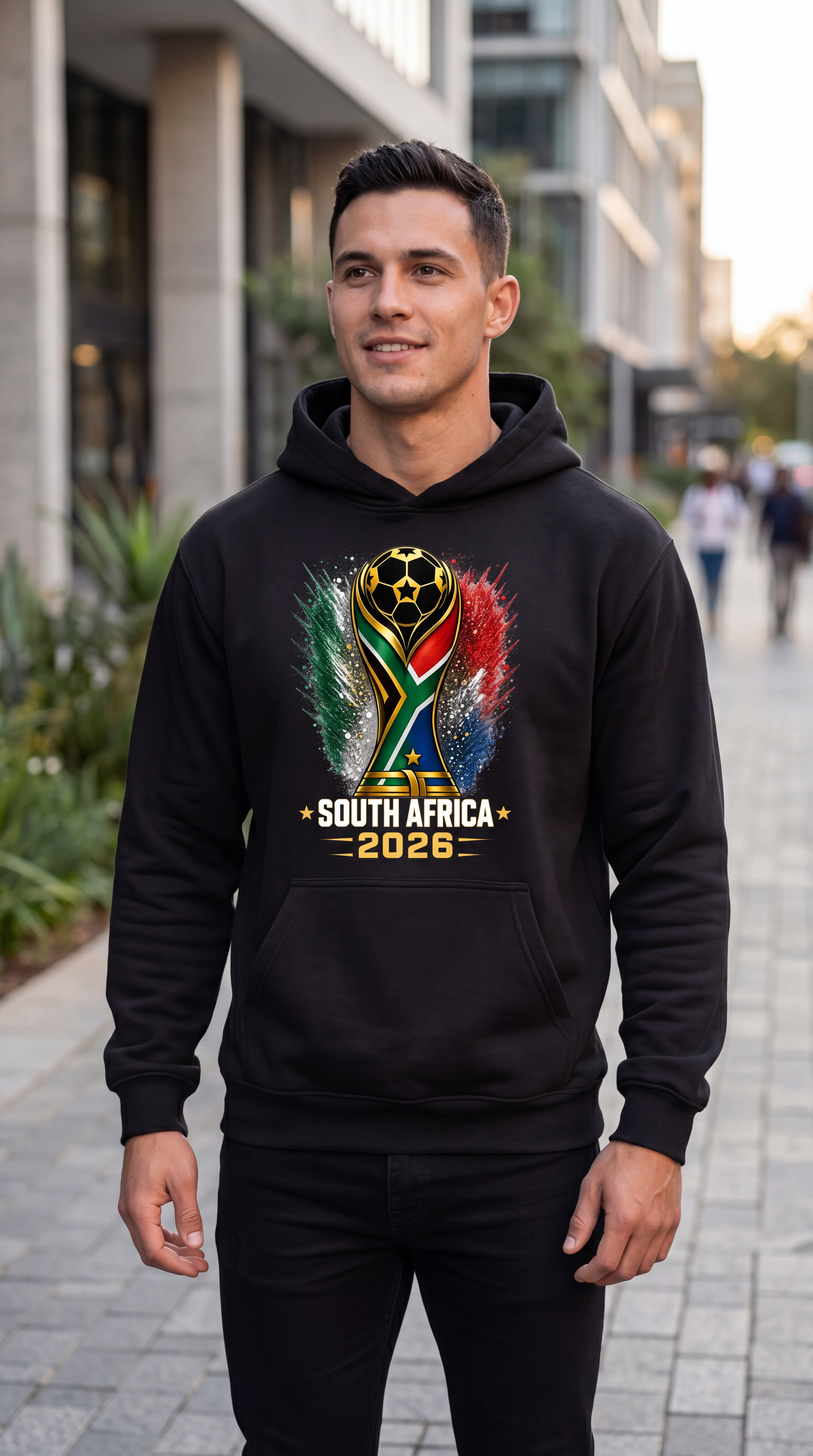 Man wearing a black hoodie with South Africa 2026 design in an urban setting