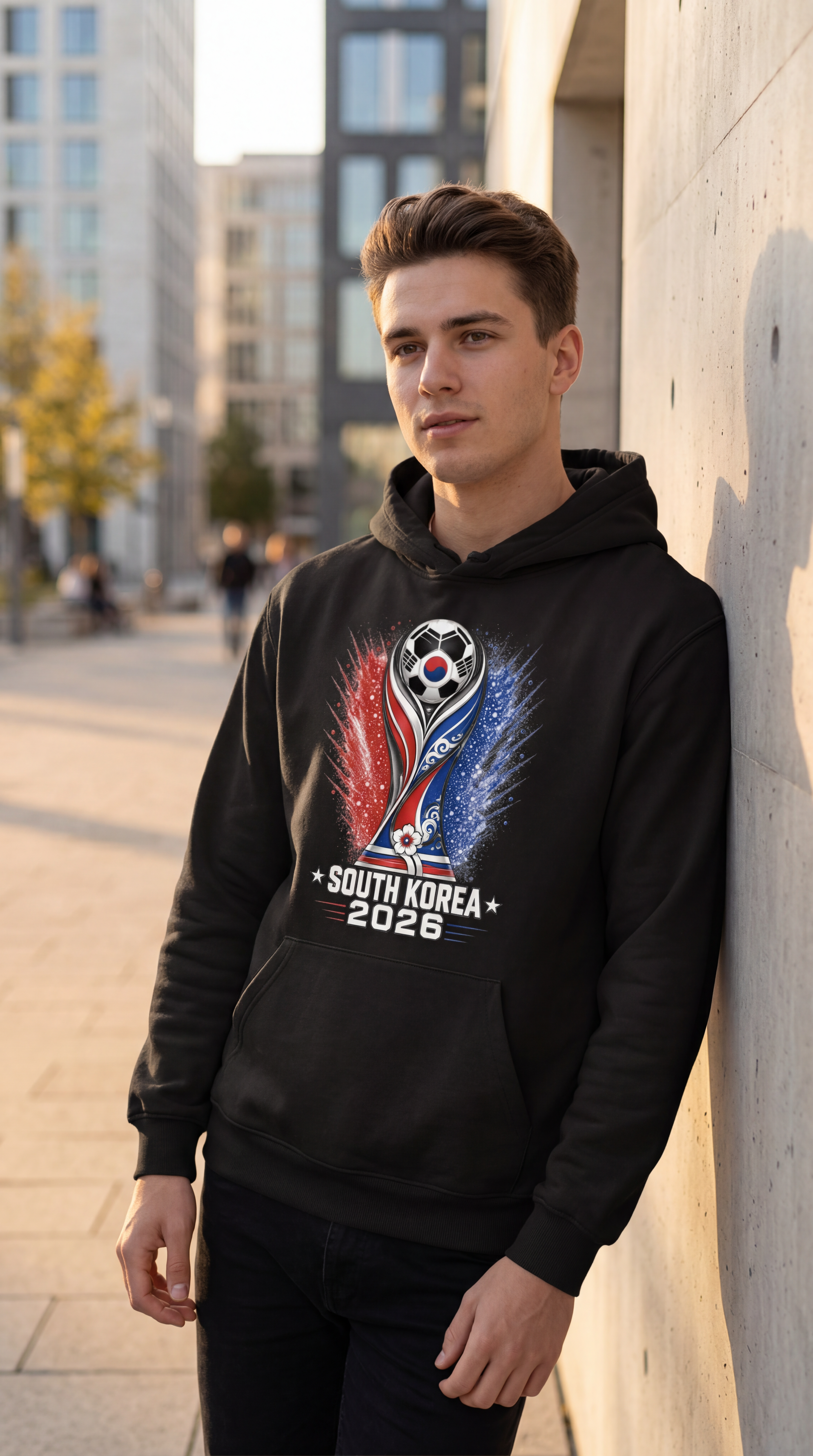 South Korea 2026 soccer hoodie worn by supporter in urban setting