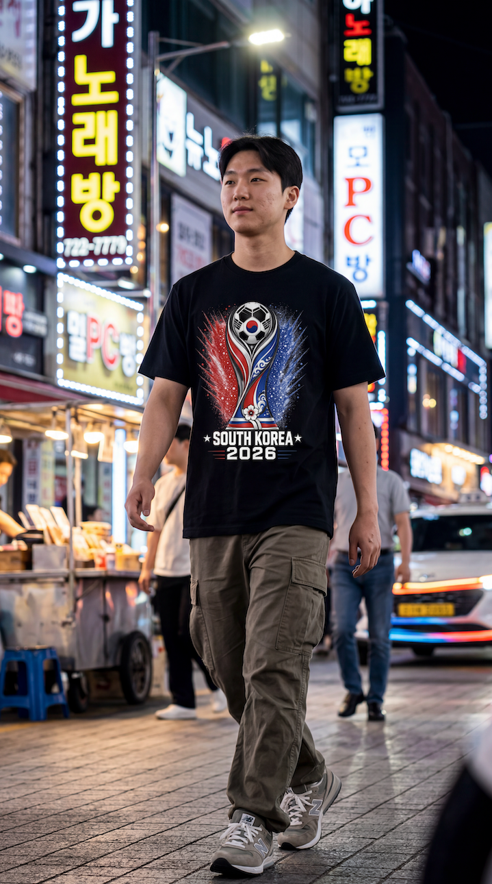 South Korea 2026 soccer shirt worn in Seoul night market